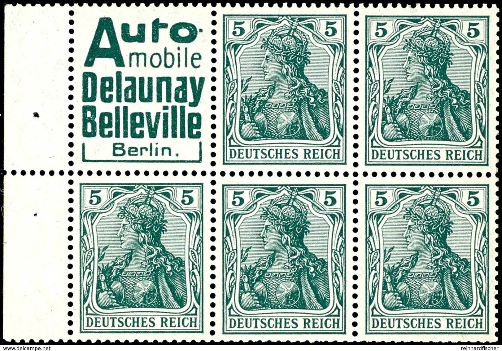 Germania 1911/12, Automobile Delaunay Belleville Berlin + 5 X 5 Pfg Germania, Durch Heftchenschnitt Herstellungsbedingte - Other & Unclassified