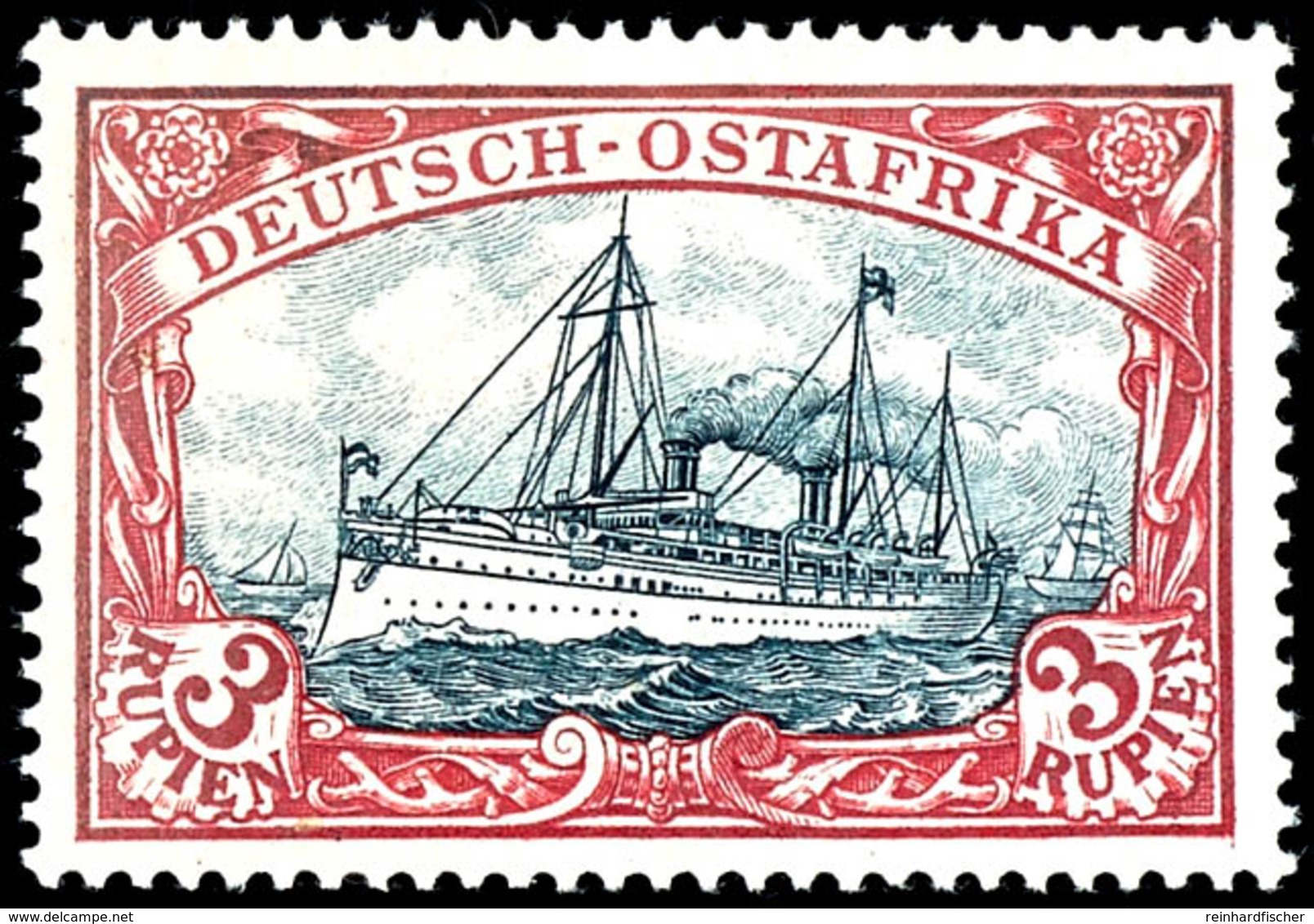 3 Rupien Kaiseryacht Dunkelrot/grünschwarz, Farbfrisches, Postfrisches Luxusstück, Gepr. Bothe BPP, Mi. Unterbewertet, K - Deutsch-Ostafrika