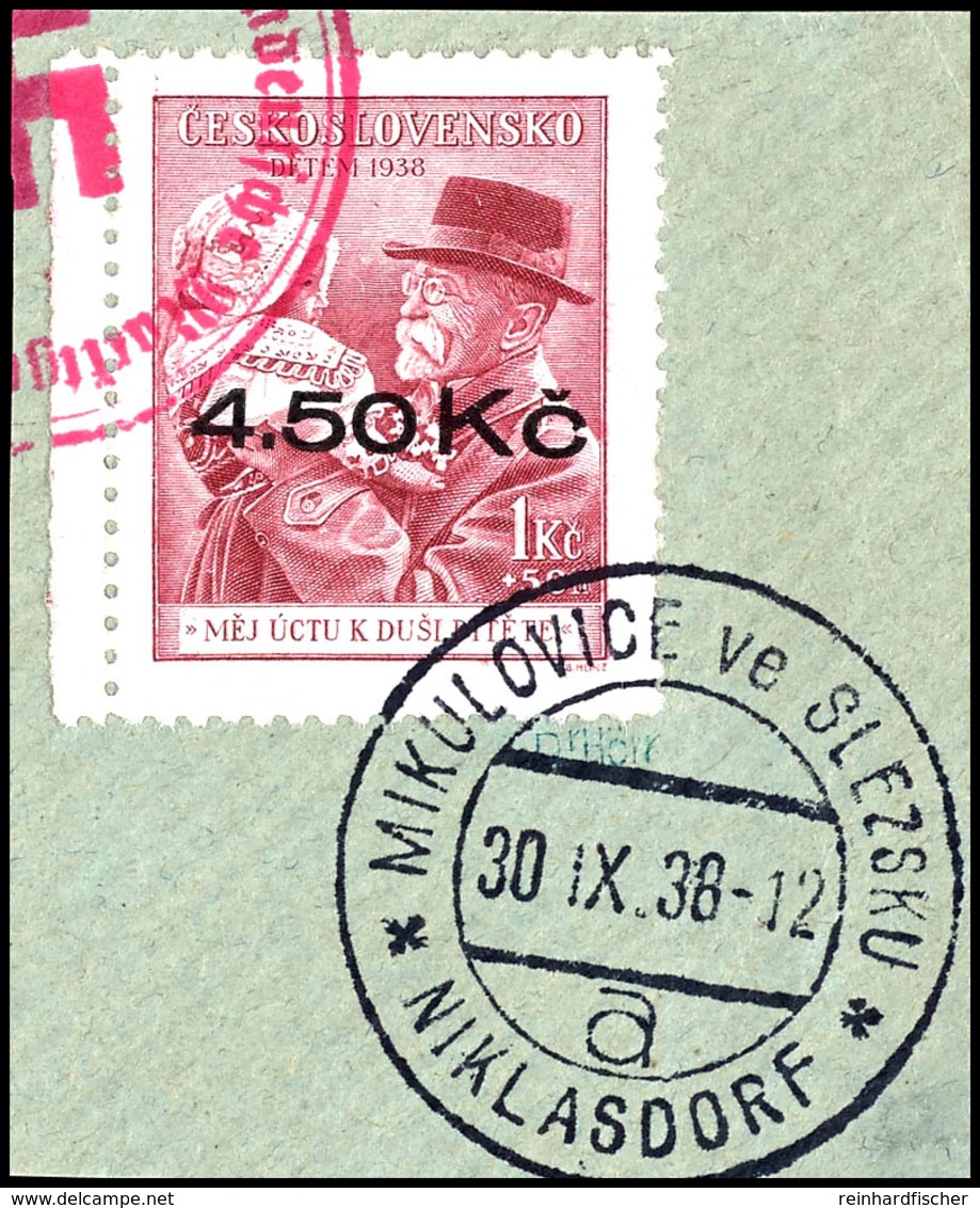 4,50 Kc A. 1 Kc Masaryk Mit Kind, Vom Linkem Bogenrand Stammende Marke Mit Tagesstempel "NIKLASDORF A 30.IX.38" Und Befr - Sonstige & Ohne Zuordnung