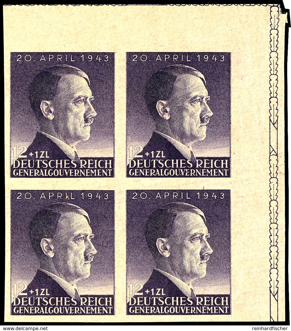 12 Gr. Geburtstag Von Hitler, Probedruck Auf Gelblichem Papier, Ungezähnt, 4er-Block Aus Der Rechten Oberen Bogenecke, U - Sonstige & Ohne Zuordnung