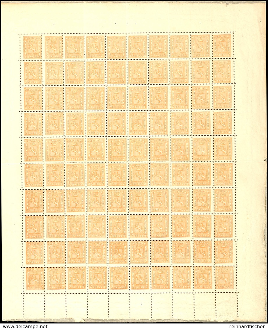 1867, 2 Sk. Wappen Orange, Originalbogen Zu 100 Werten, Postfrisch, Unsigniert, Mehrfach Gefaltet, Randmängel Und Teils  - Norwegen