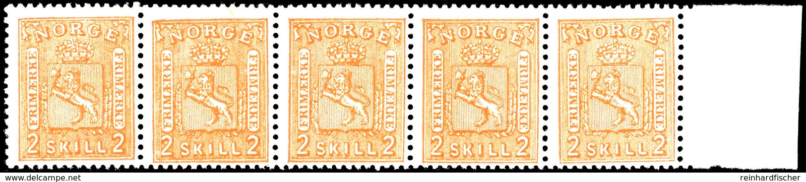 1867, 2 Sk. Wappen, Waagerechter 5er-Streifen Mit Rechtem Bogenrand, Tadellos Postfrisch, Unsigniert, Luxus, Insbesonder - Norway