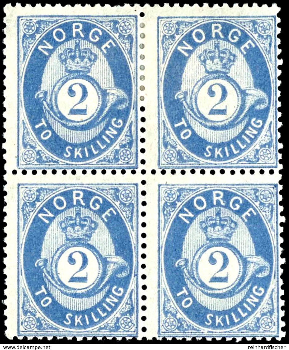 1872, 2 Sk. Posthorn Blau, 4er-Block, Die Beiden Oberen Werte Ungebraucht, Das Untere Paar Postfrisch, Unsigniert, Tadel - Norwegen