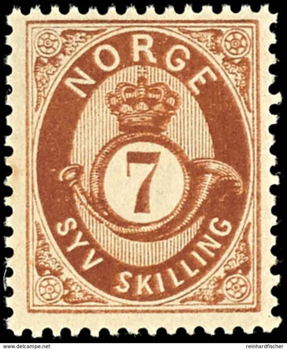 1872, 7 Sk. Posthorn Dunkelbraun, Tadellos Postfrisch, Unsigniert, Kabinett, In Postfrischer Erhaltung Nicht Häufig, Fot - Norwegen