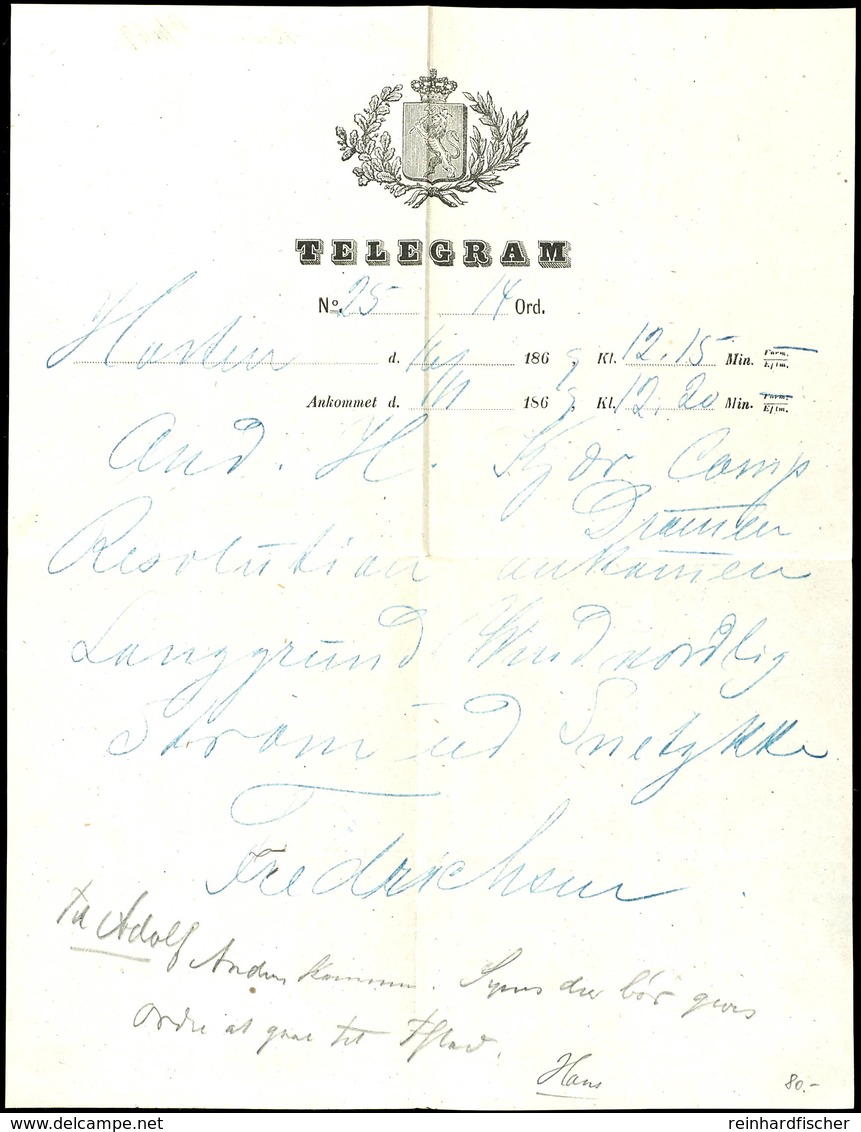 1869, Frühes Telegrammformular Mit Eingedrucktem Briefkopf, Gebraucht In Fredriksen, Mehrfach Gefaltet, Sonst Gute Erhal - Norwegen