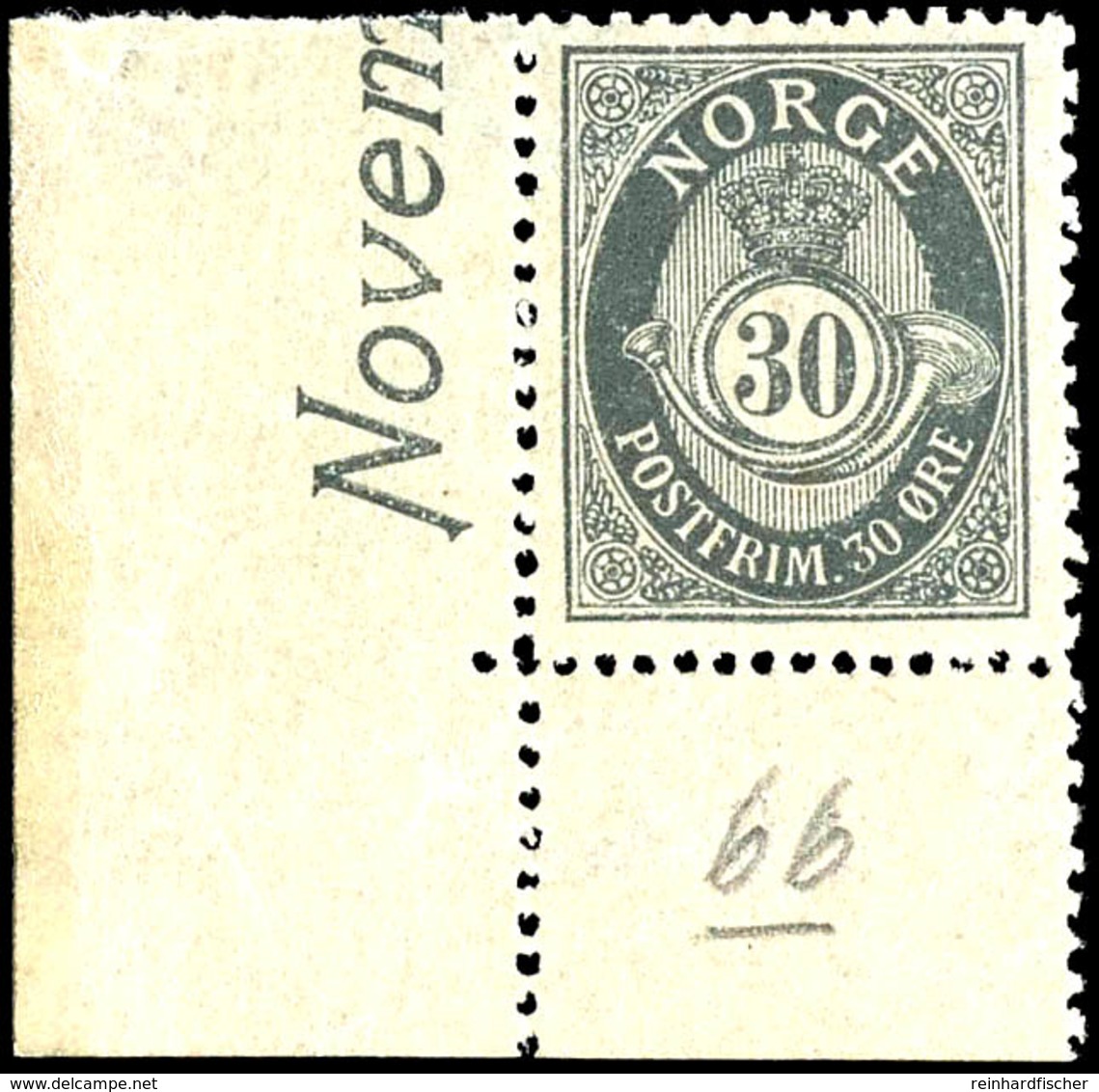 1907, 30 Ö. Posthorn Mit Linker Unterer Bogenecke, Tadellos Postfrisch, Unsigniert, Kleine Bleistiftnotiz Im Unterrand,  - Norwegen