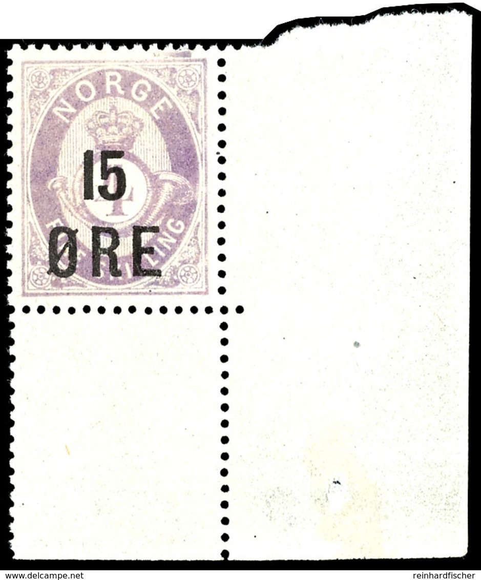 1908, 15 Ö. Auf 4 Sk. Posthorn Blasslila Mit Rechter Unterer Bogenecke, Tadellos Postfrisch, Unsigniert, Luxus, In Postf - Norway