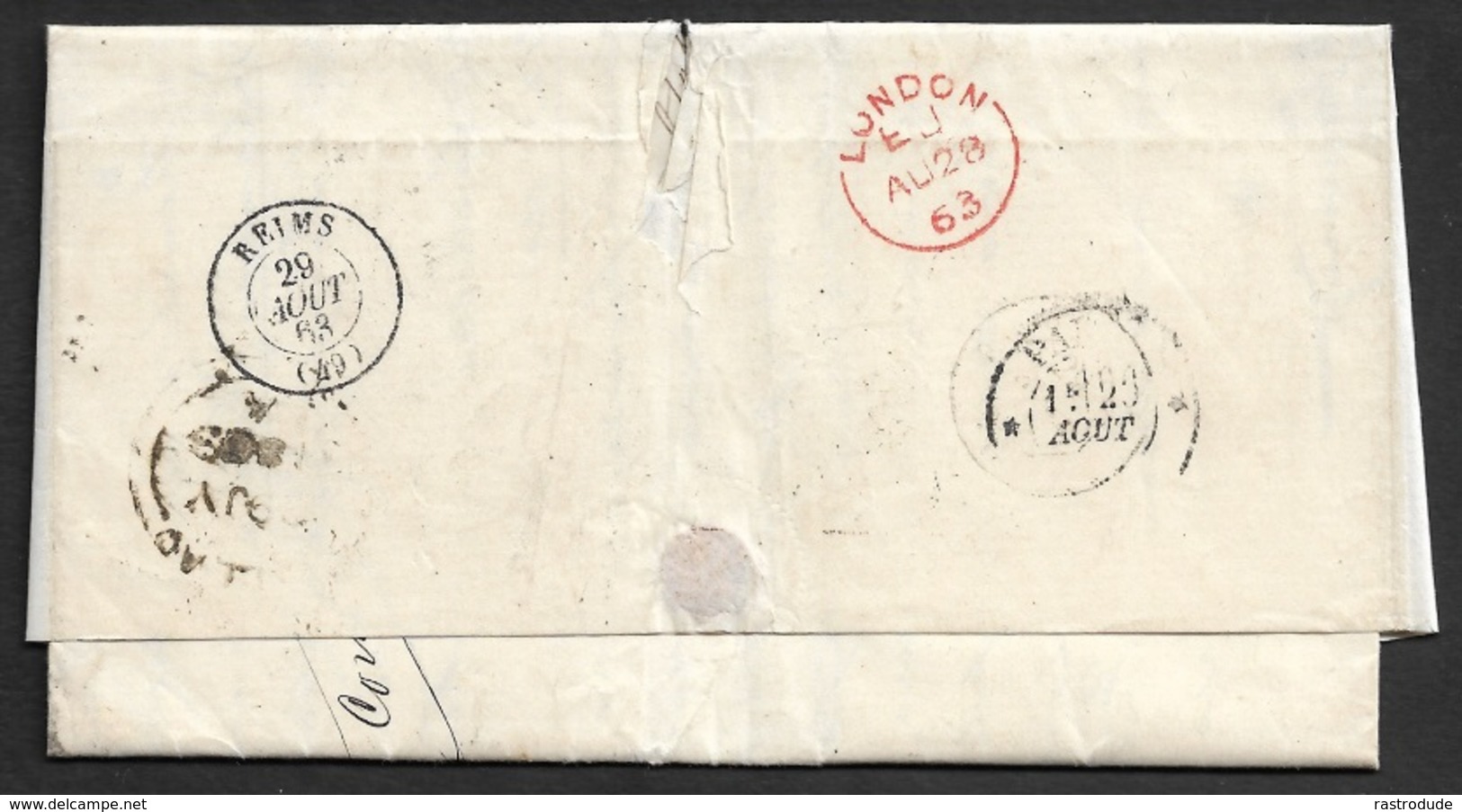 1863 - LAC - LIMA, PERU A REIMS - Taxe Angl - Fr GB 2 F 87 5 /10C Par LONDRES - Manuecrit P WEST INDIA MAIL - 1849-1876: Klassik