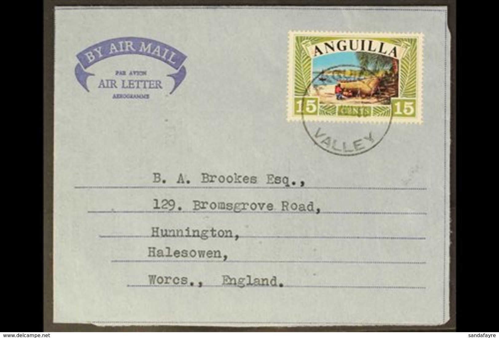 1968  AEROGRAMME (July 26th) Addressed To Halesowen, Worcs Bearing 15c Multicoloured "Boat On Beach", SG 33, Tied By "Va - Anguilla (1968-...)