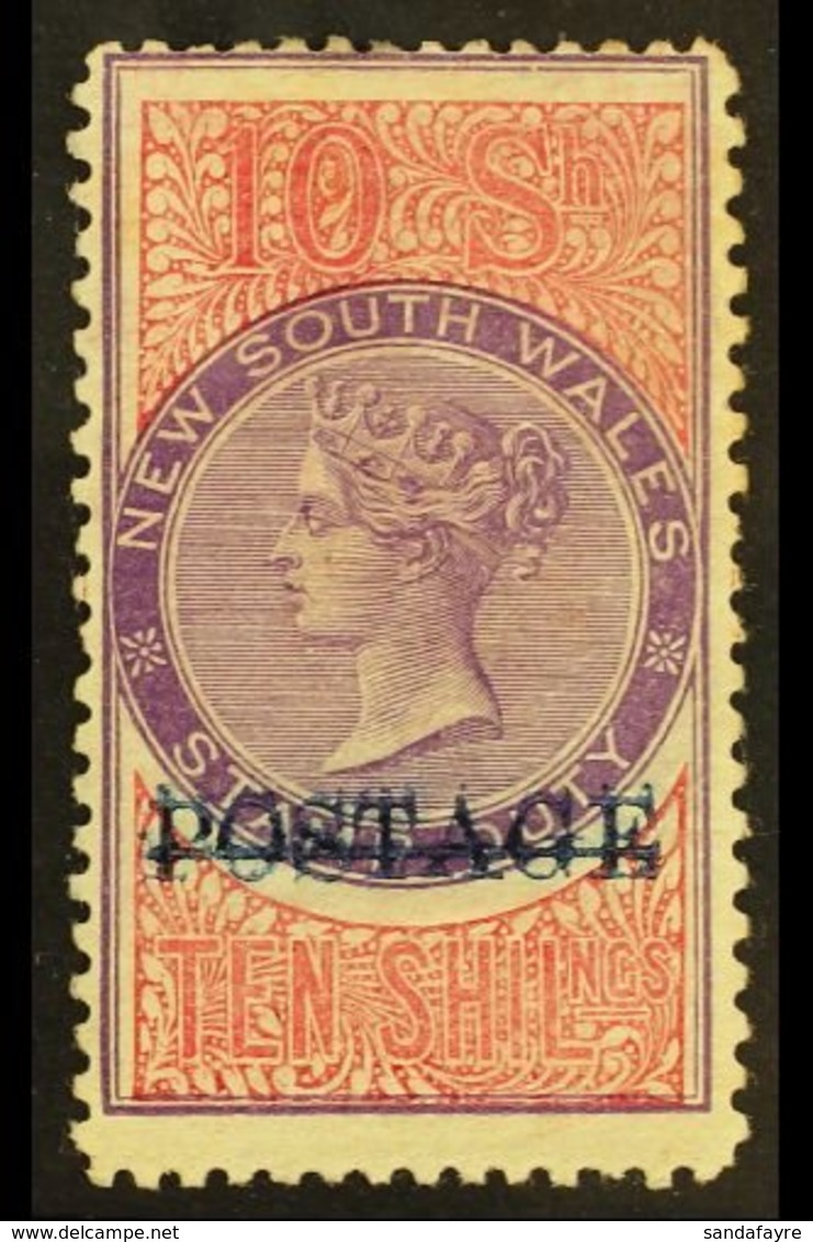 NEW SOUTH WALES  1885 10s Mauve And Claret Perf 12 X 11 With Blue "POSTAGE" Opt, SG 241c, Fine Mint. For More Images, Pl - Other & Unclassified