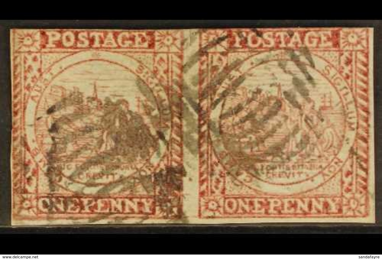 NEW SOUTH WALES  1850 1d Crimson-lake Sydney View Plate II, SG 9, Horizontal Pair With Clear To Good Margins, Barred Can - Other & Unclassified