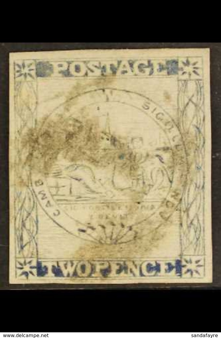 NEW SOUTH WALES  1850 2d Ultramarine Sydney View Plate III, Double Lines On Bale, SG 30c, Four Margins And Lightly Cance - Other & Unclassified