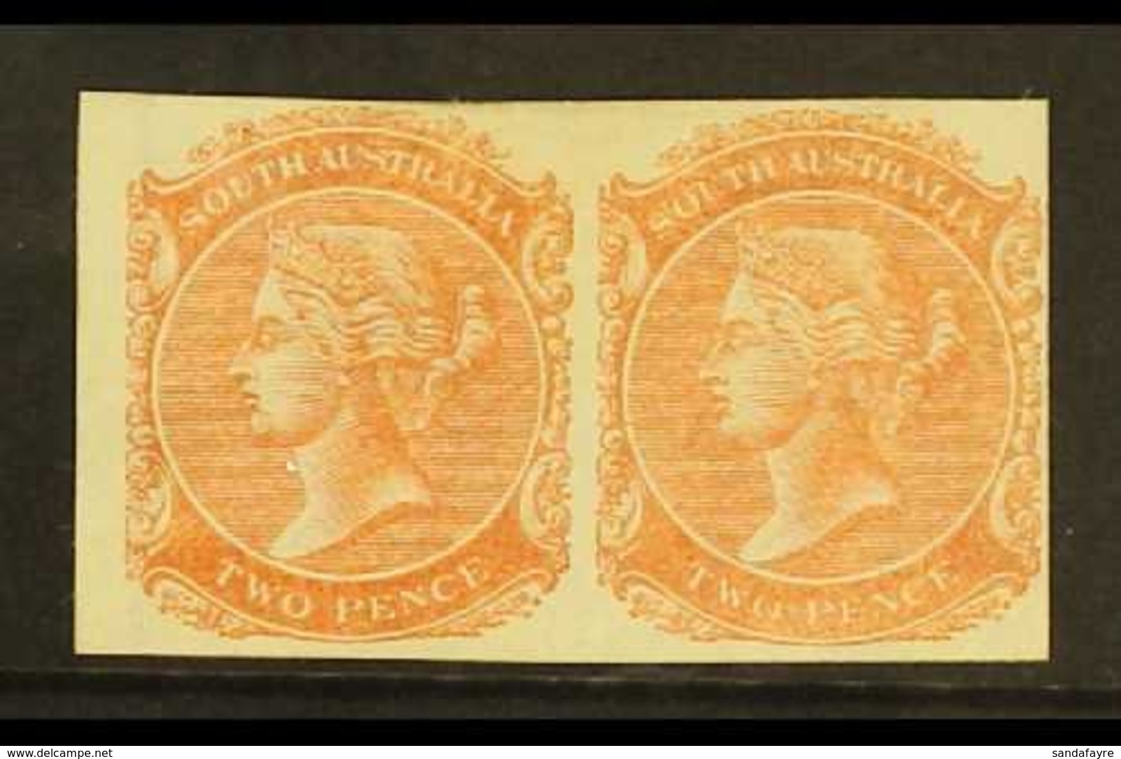 SOUTH AUSTRALIA  1876 2d IMPERF PLATE PROOF PAIR Printed In Orange Red On Watermarked Paper, Unused & Without Gum. Lovel - Other & Unclassified