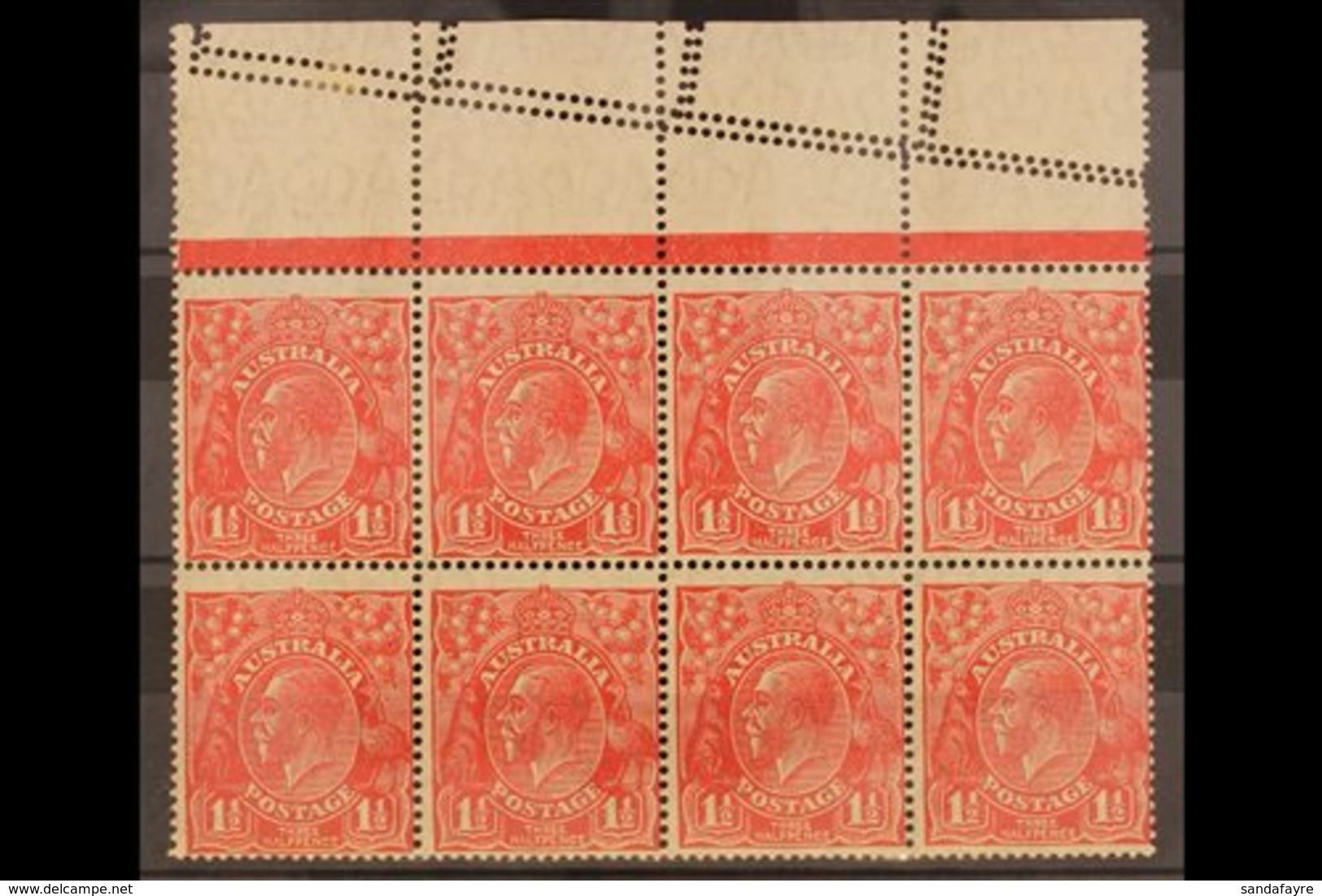 1926-30 DRAMATIC MIS-PERFORATED  1½d Scarlet Perf 14, SG 86, Upper Marginal Block Of Eight Showing In The Margin Two Fur - Other & Unclassified