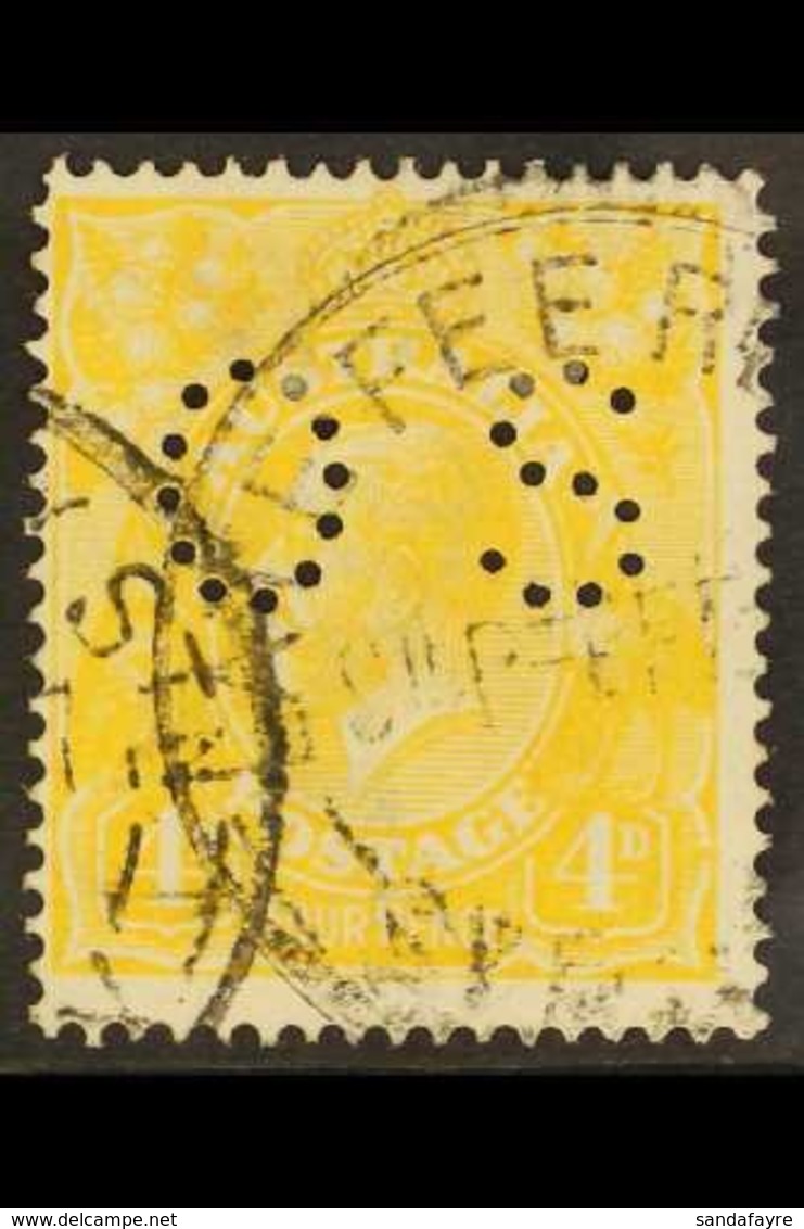 OFFICIAL  1914-21 4d Lemon-yellow KGV Head Punctured 'OS', SG O41c, Fine Cds Used, Centred To Upper Left, Very Fresh. Fo - Other & Unclassified