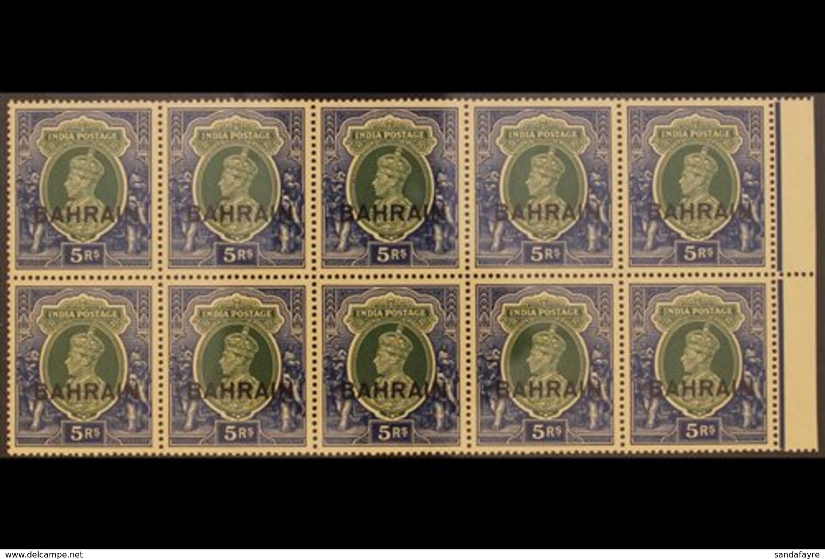 1938-41  5r Green And Blue Of India (King George VI) Overprinted "BAHRAIN", SG 34, Never Hinged Mint BLOCK OF TEN. (10 S - Bahrain (...-1965)