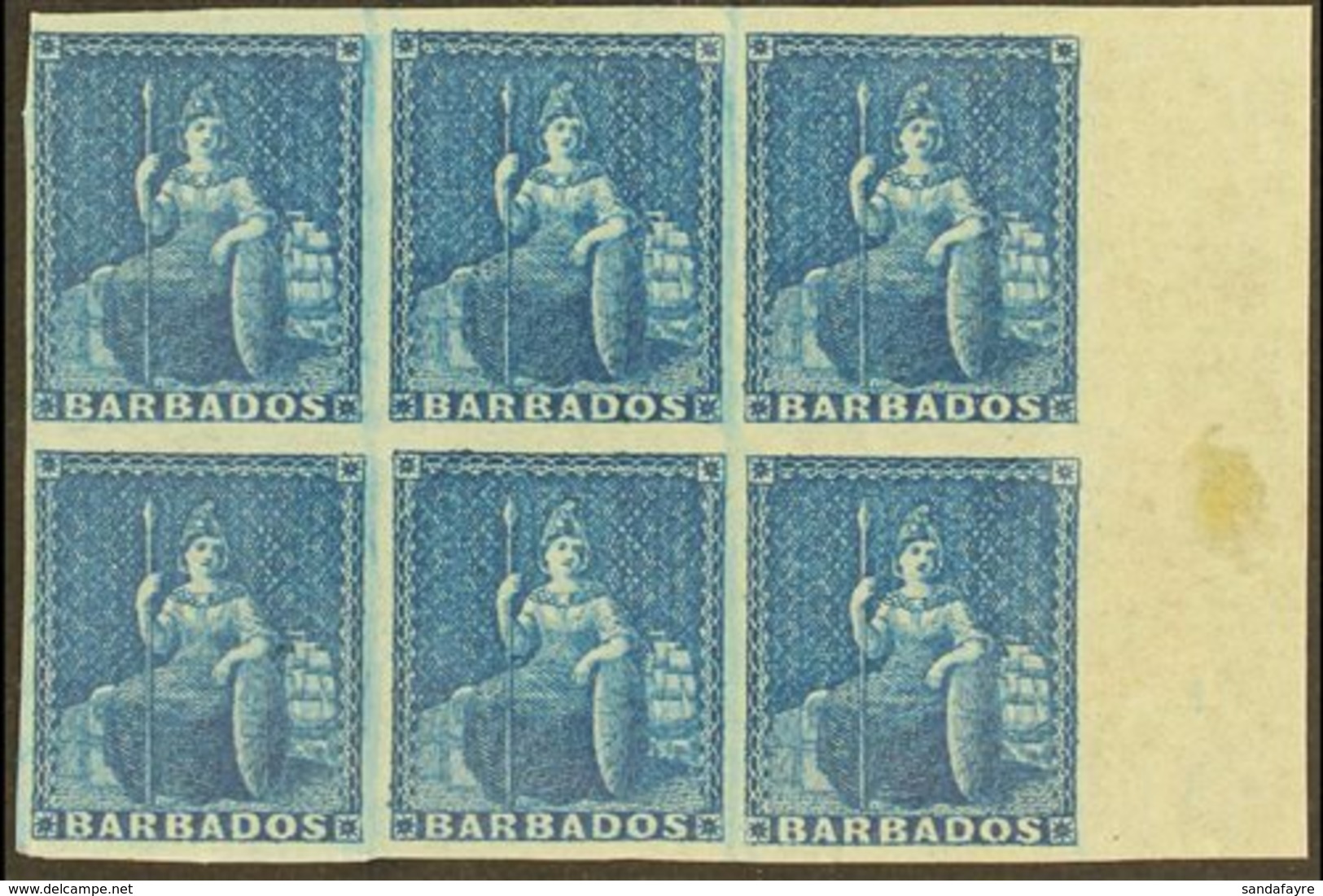 1852  1d Blue Imperf With Margins To All Sides, SG 3, Mint Marginal Block Of 6, 2 Stamps Are Never Hinged (1 Block Of 6) - Barbados (...-1966)