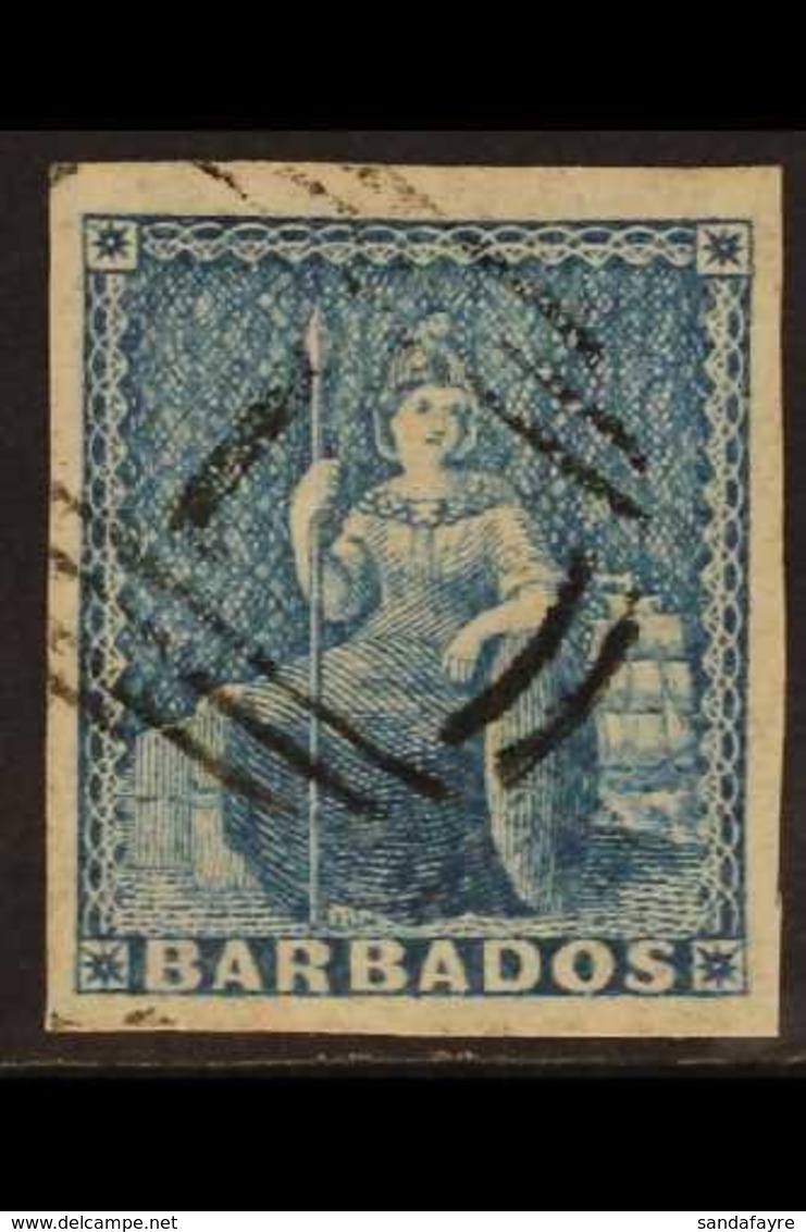1855-58  (1d) Pale Blue Britannia, SG 9, Large To Huge Margins And Crisp "1" Cancel. For More Images, Please Visit Http: - Barbados (...-1966)