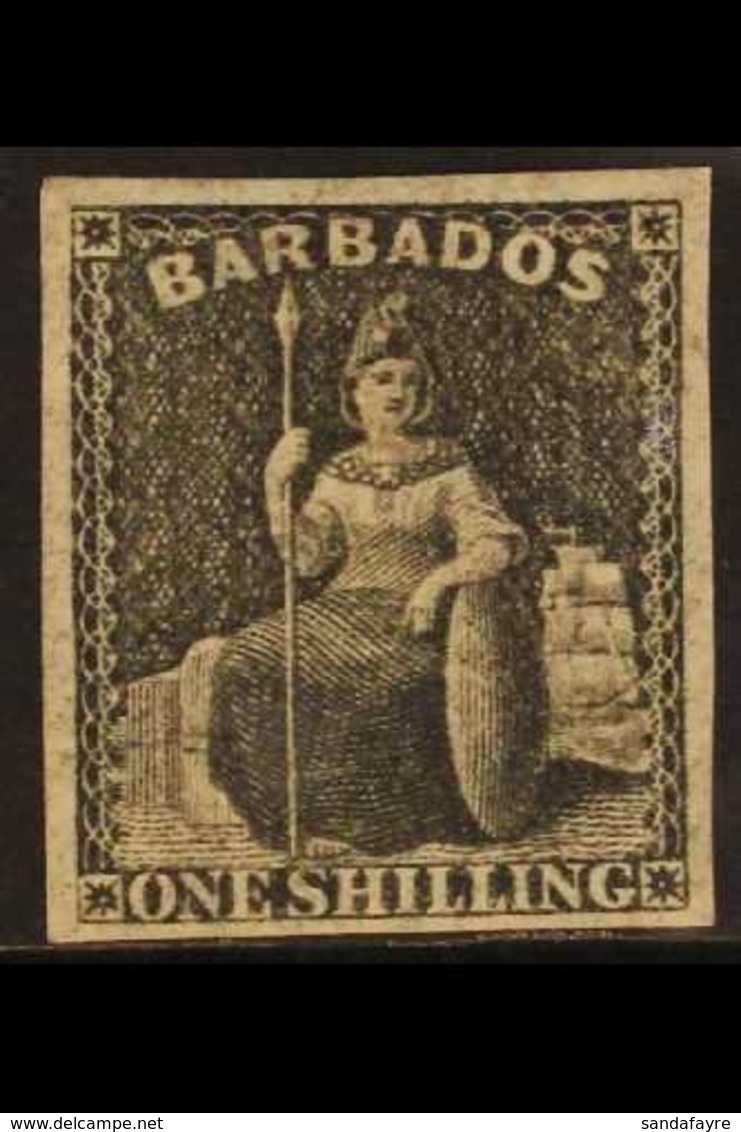 1858  1s Black Britannia, SG 12a, Fine Mint With Four Good Margins. For More Images, Please Visit Http://www.sandafayre. - Barbados (...-1966)