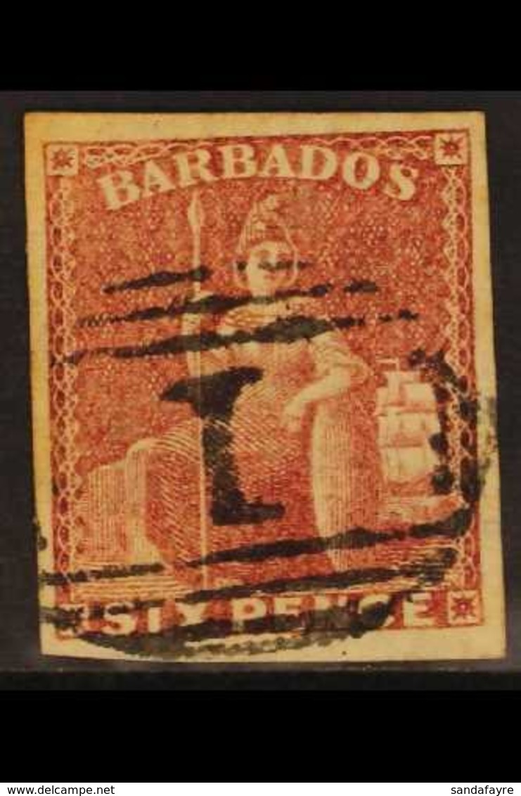 1858  6d Deep Rose-red Britannia, SG 11a, Four Good To Large Margins And Crisp "1" Cancel. For More Images, Please Visit - Barbados (...-1966)