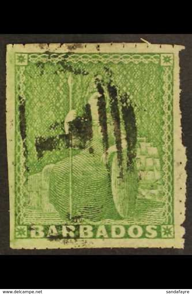 1860  (½d) Yellow Green, Pin Perf 14, Britannia, SG 13, Very Fine Used For These Difficult Issues, With Perfs To 4 Sides - Barbados (...-1966)