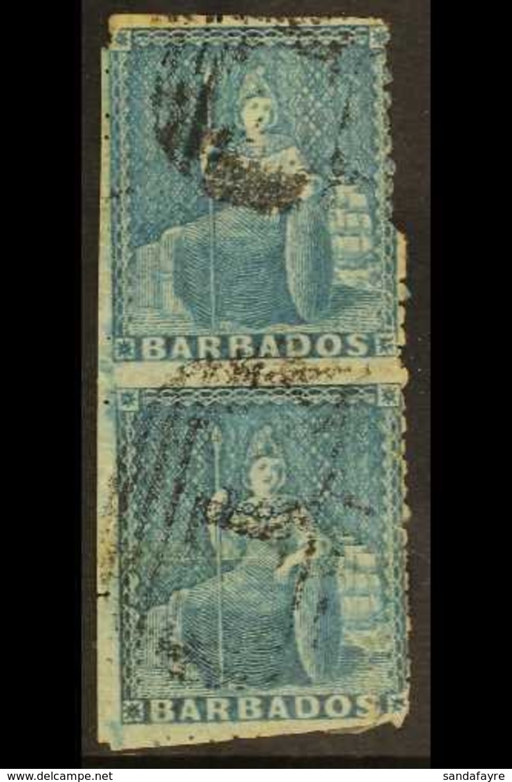 1860  (1d) Pale Blue, Pin Perf 14, Britannia, SG 14, Unsevered Vertical Pair, Lower Stamp With Faults And Perfs To 3 Sid - Barbados (...-1966)