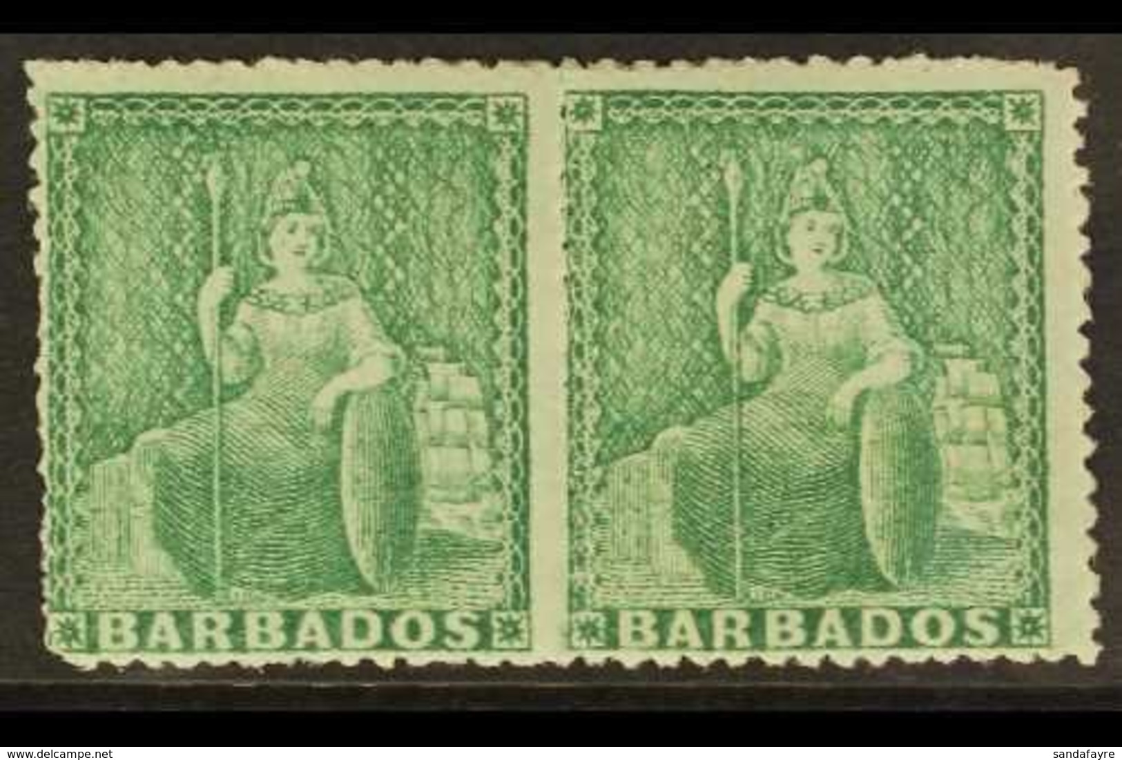 1861 - 70  (½d) Blue Green, No Wmk, Rough Perf 14/16, SG 21a, Very Fine Mint Pair, Large Part Og. For More Images, Pleas - Barbados (...-1966)