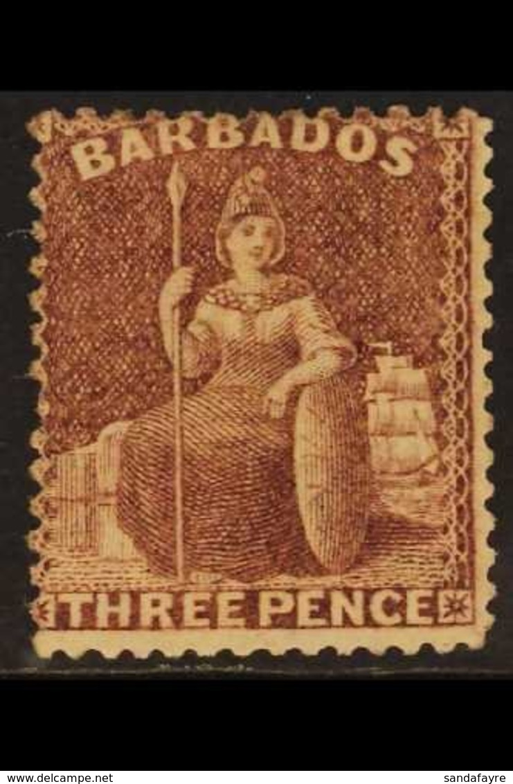 1873  3d Brown-purple Britannia, SG 63, Fresh Unused Without Gum. For More Images, Please Visit Http://www.sandafayre.co - Barbados (...-1966)