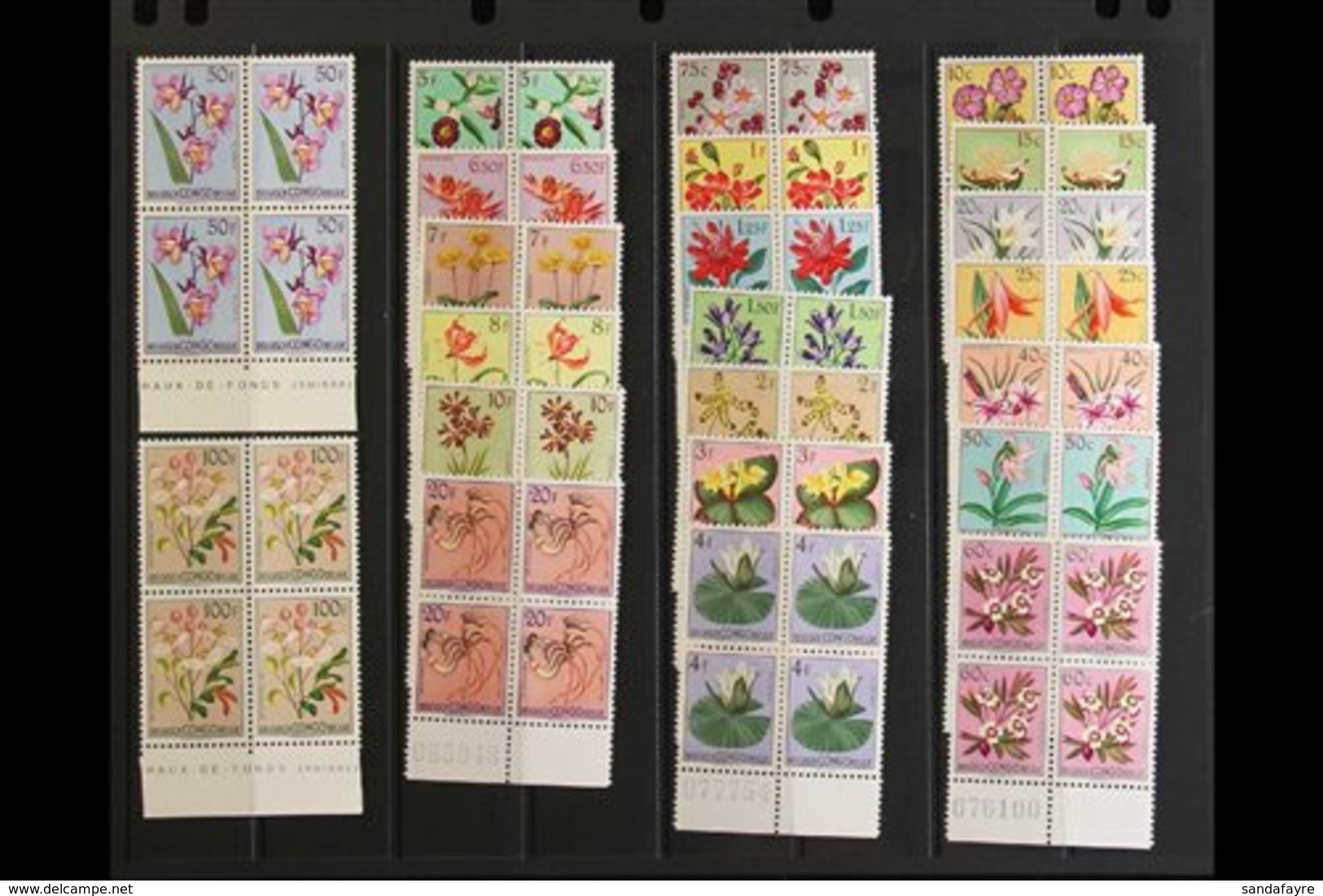 BELGIAN CONGO  1952-53 Flowers Set, COB 302/323, In Fine Never Hinged Mint Lower Marginal Blocks Of Four. (22 Blocks) Fo - Other & Unclassified