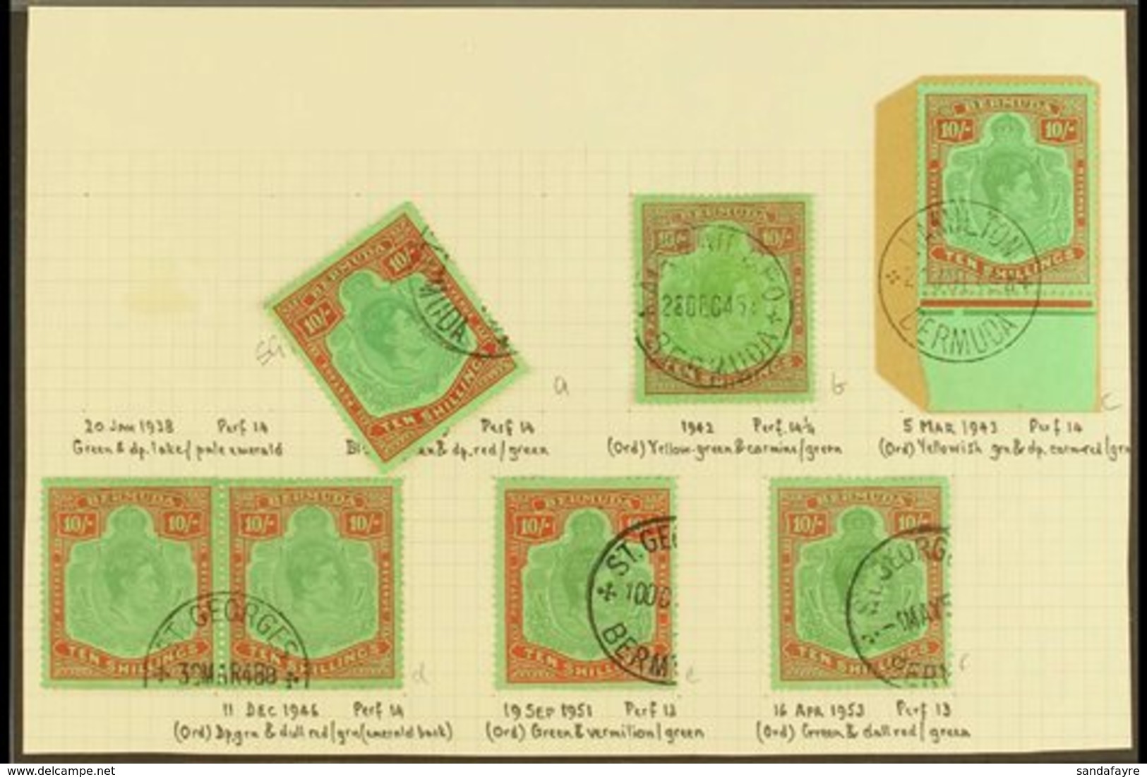 1938-53 10 SHILLING USED KEY PLATE SELECTION.  An All Different, Specialized Shade & Perf Collection Of Fine Cds Used "k - Bermuda