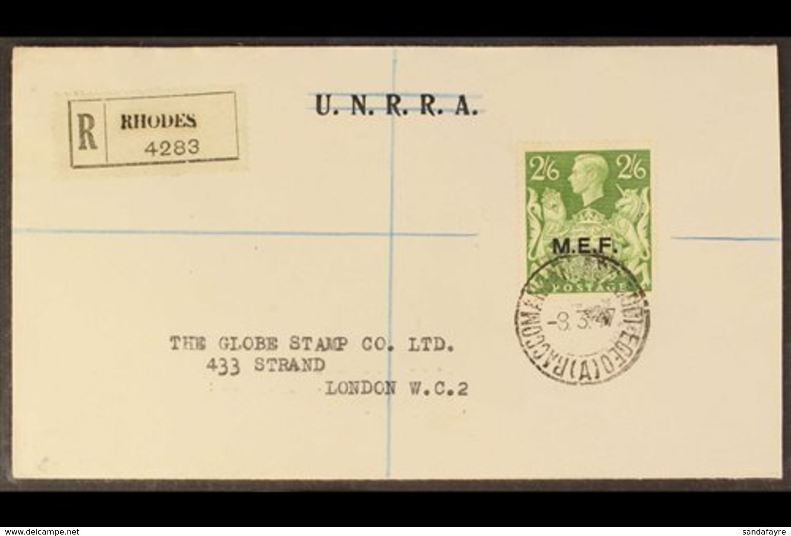 1947  (8 Mar) 2s6d Green Opt'd "M.E.F." (SG M19) On A Cover Registered From Rhodes To London Tied By "Raccomandata Ass R - Italian Eastern Africa