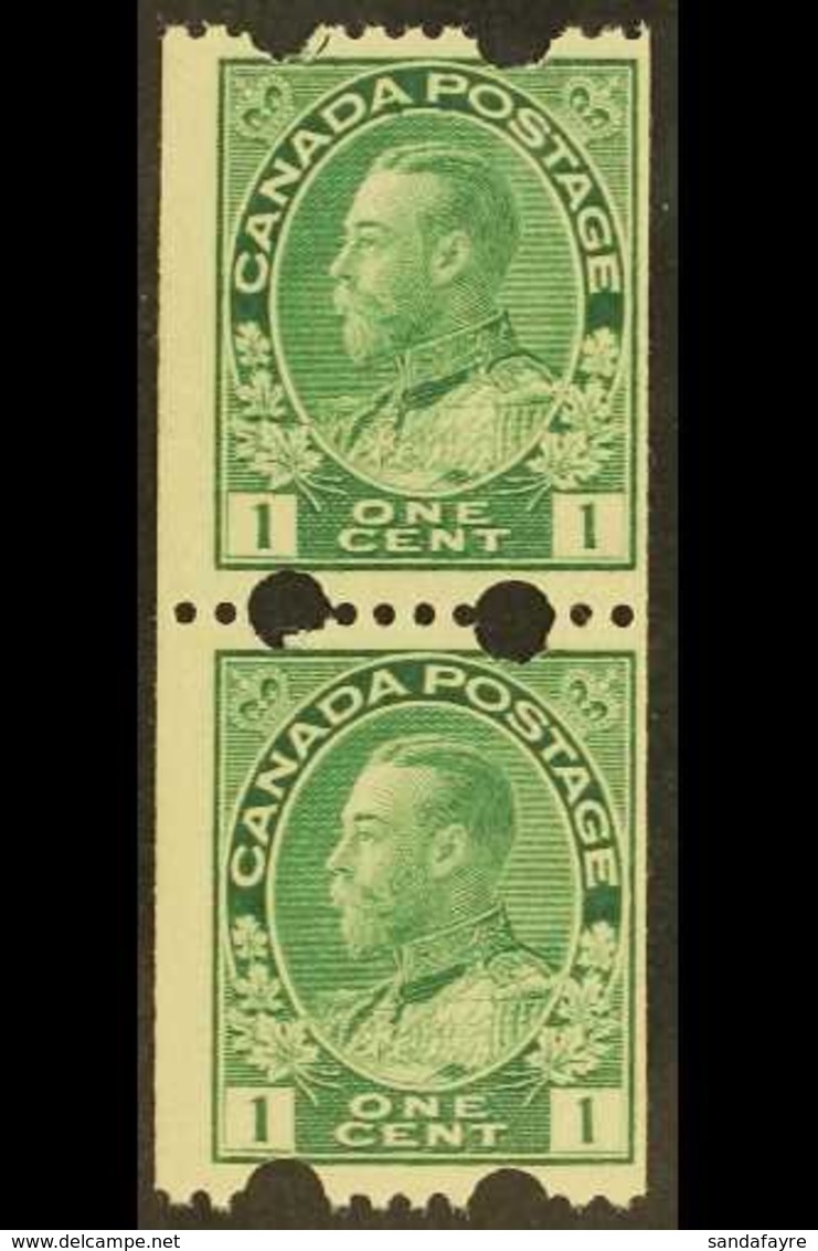 1912-21 COIL MACHINE  1c Blue Green "Two Large Holes At Top & Bottom", SG 217a, Lower Stamp Is Nhm, Very Fine Mint Verti - Altri & Non Classificati