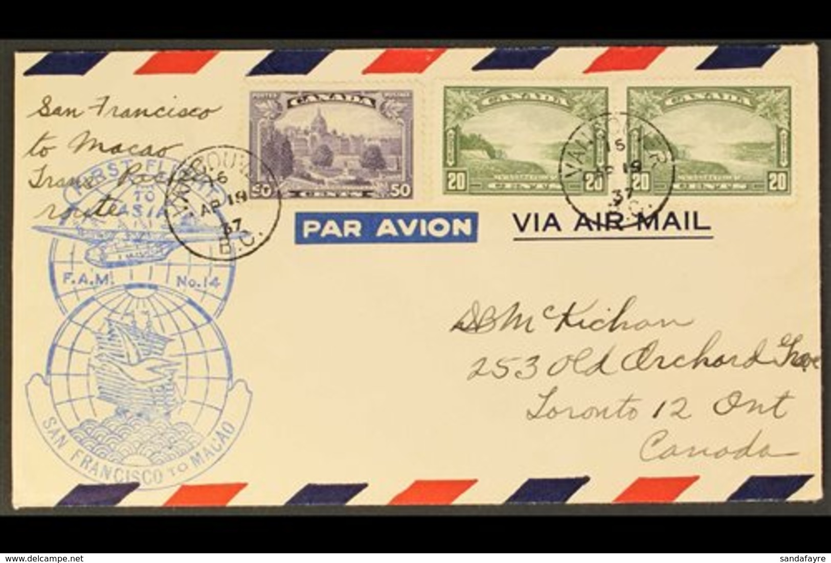 1937 FIRST FLIGHT COVER  From San Francisco To Macau (FAM No 14), Bearing 1935 20c Olive Pair Plus 50c Violet, These Tie - Autres & Non Classés