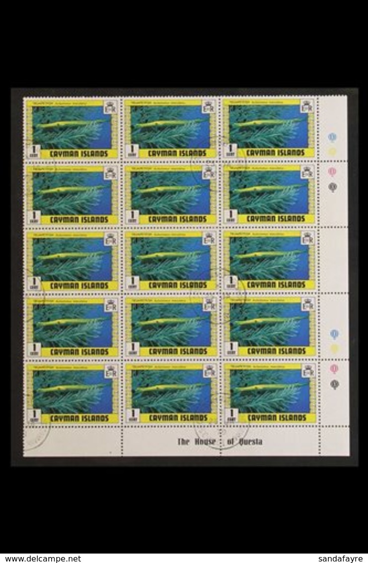 1979  1c Fish WATERMARK CROWN TO RIGHT OF CA Variety, SG 483w, Superb Cds Used Lower Right Corner IMPRINT BLOCK Of 15, F - Cayman Islands