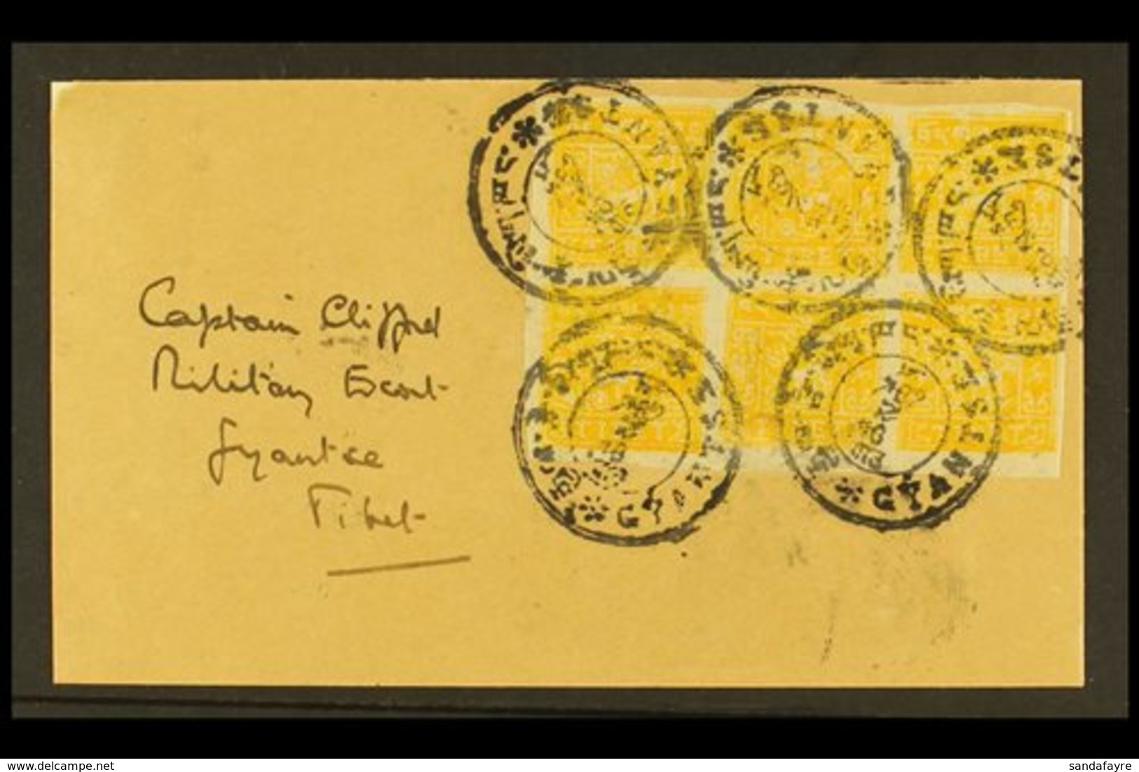 TIBET  1933 ½t Yellow Orange, Imperf, SG 98, Superb Block Of 8 Tied On Front By Gyantse Native Cds Cancels, Addressed To - Autres & Non Classés