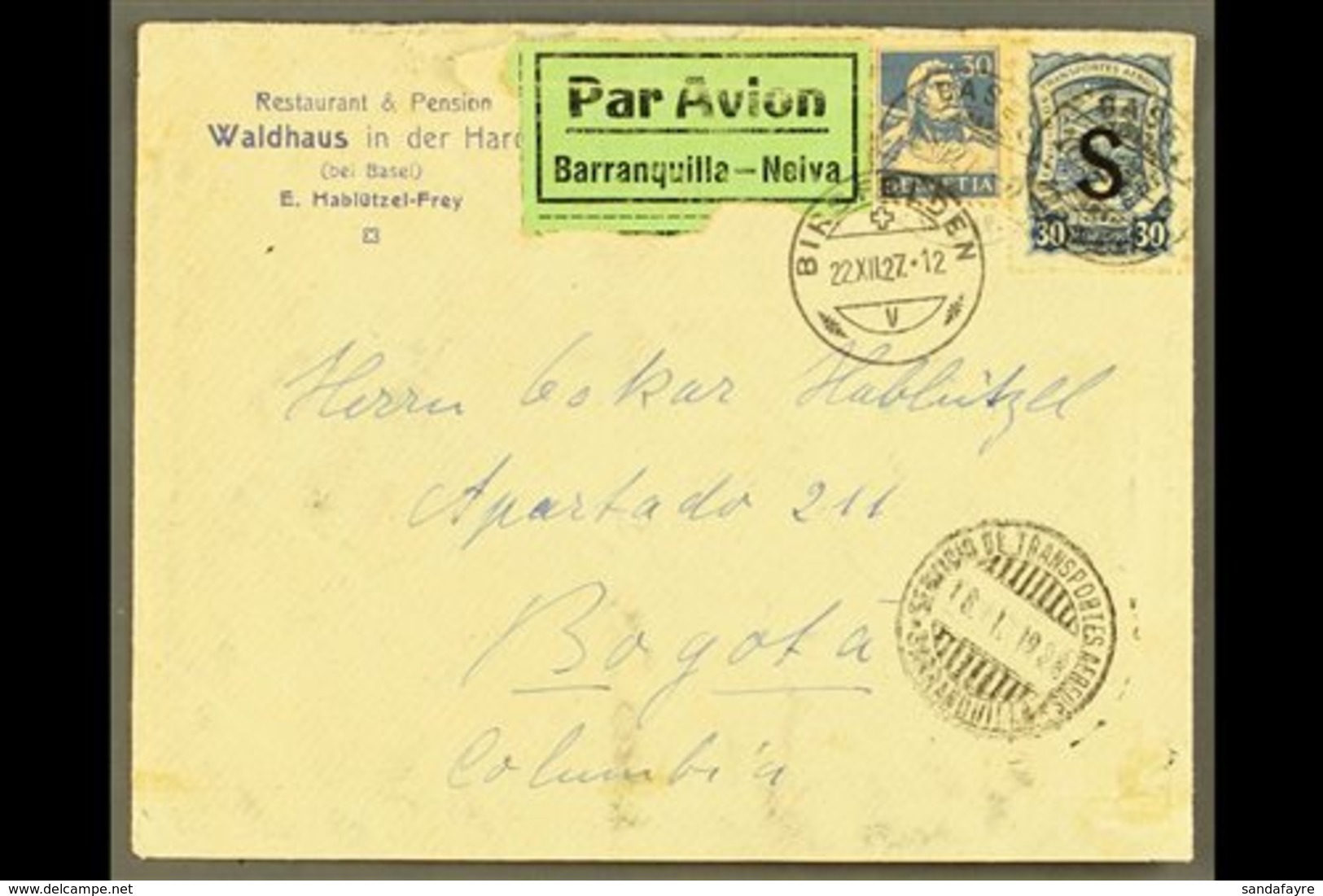 SCADTA  1927 (22 Dec) Cover From Switzerland Addressed To Bogota, Bearing Switzerland 30c And SCADTA 1923 30c With "S" C - Colombie