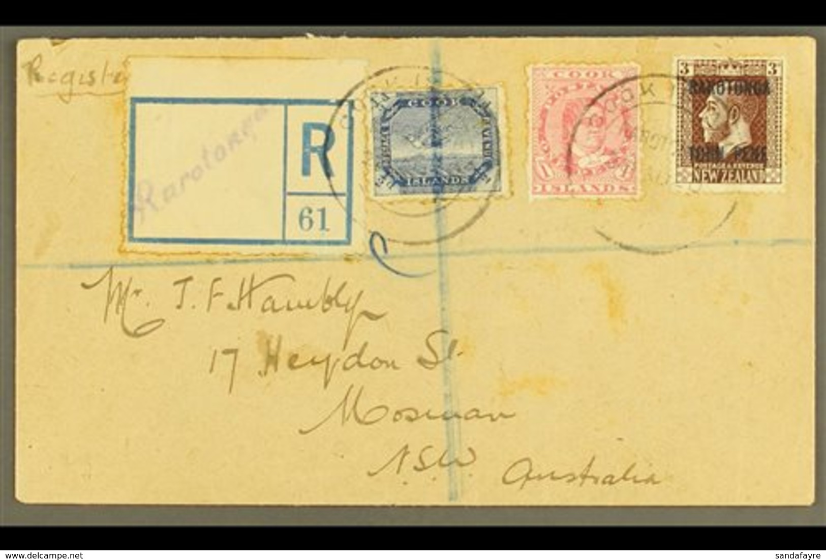 1920  (Aug) Envelope Registered To Australia, Bearing ½d Blue Tern, 1d Rose Queen And 3d Chocolate Tied By Rarotonga Cds - Cook
