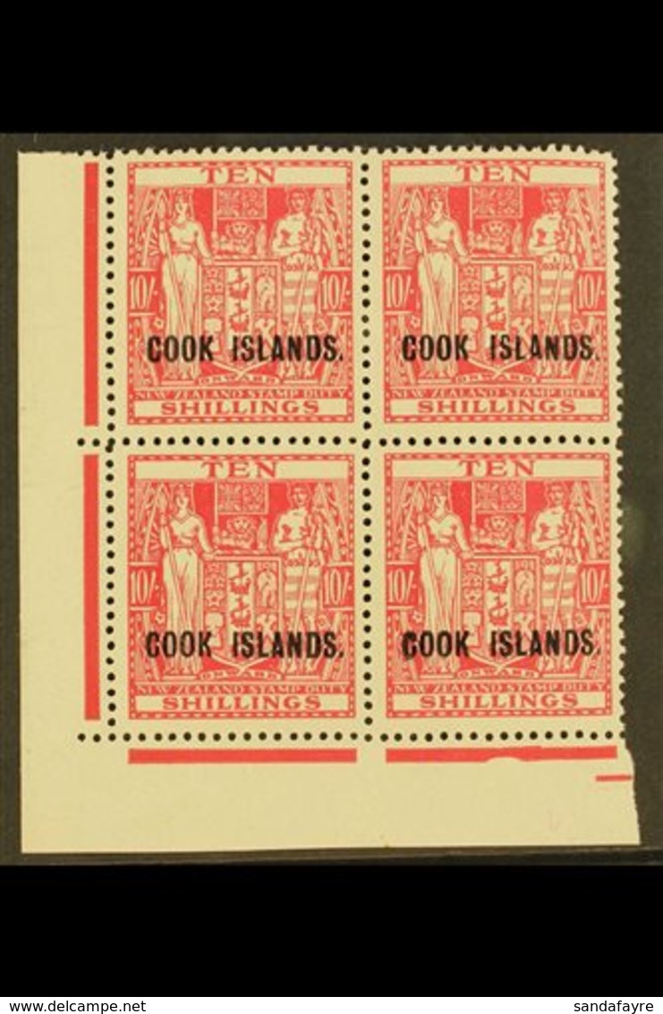 1943-54  10s Pale Carmine-lake, Watermark Inverted, SG 133w, Lower Left Corner Block Of Four, Very Fine Mint, One Never  - Cook Islands