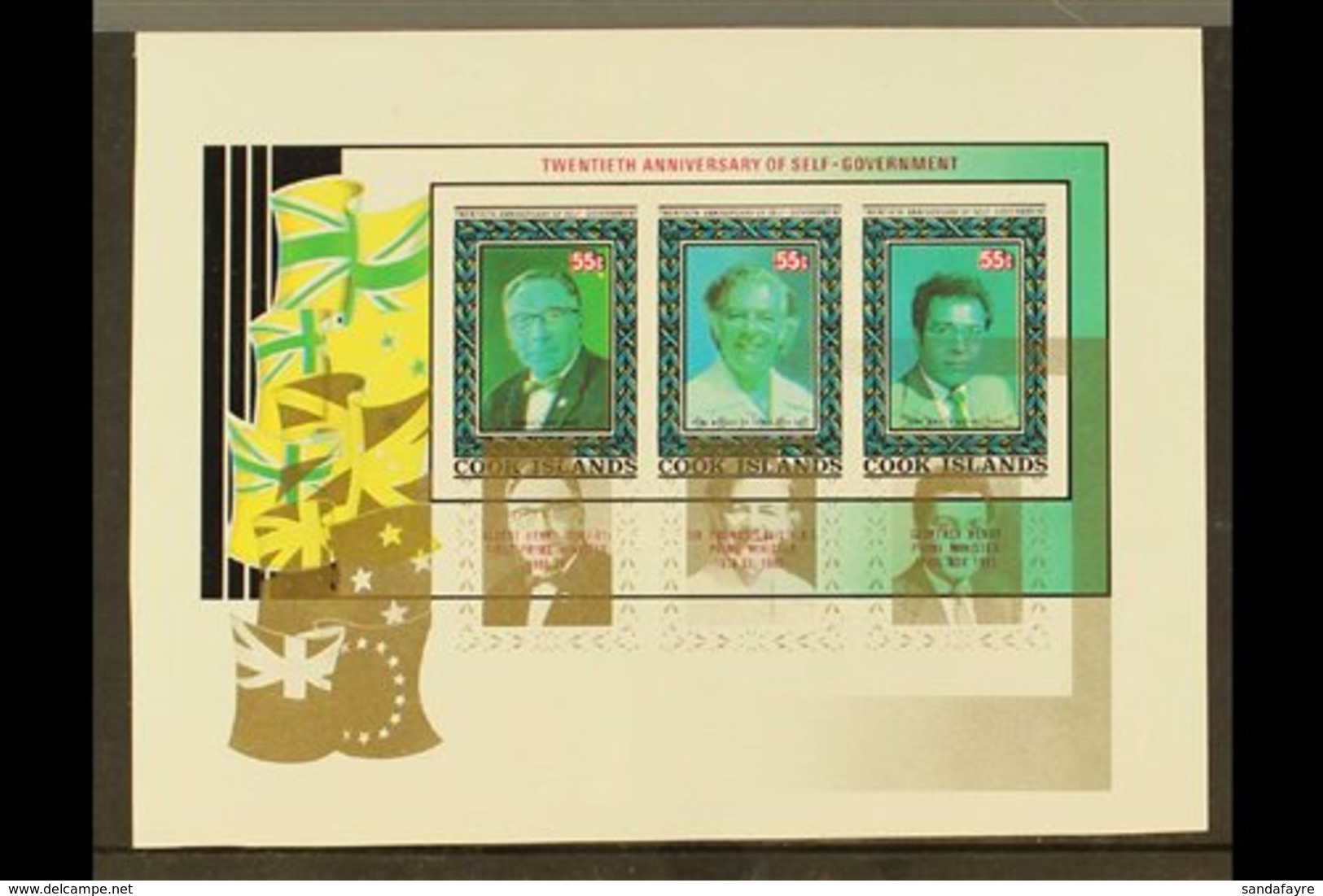 1985  20th Anniversary Of Self-Government Miniature Sheet (SG MS1043, Scott 879, Yvert BF 158A), IMPERF PROOF With The G - Cook Islands