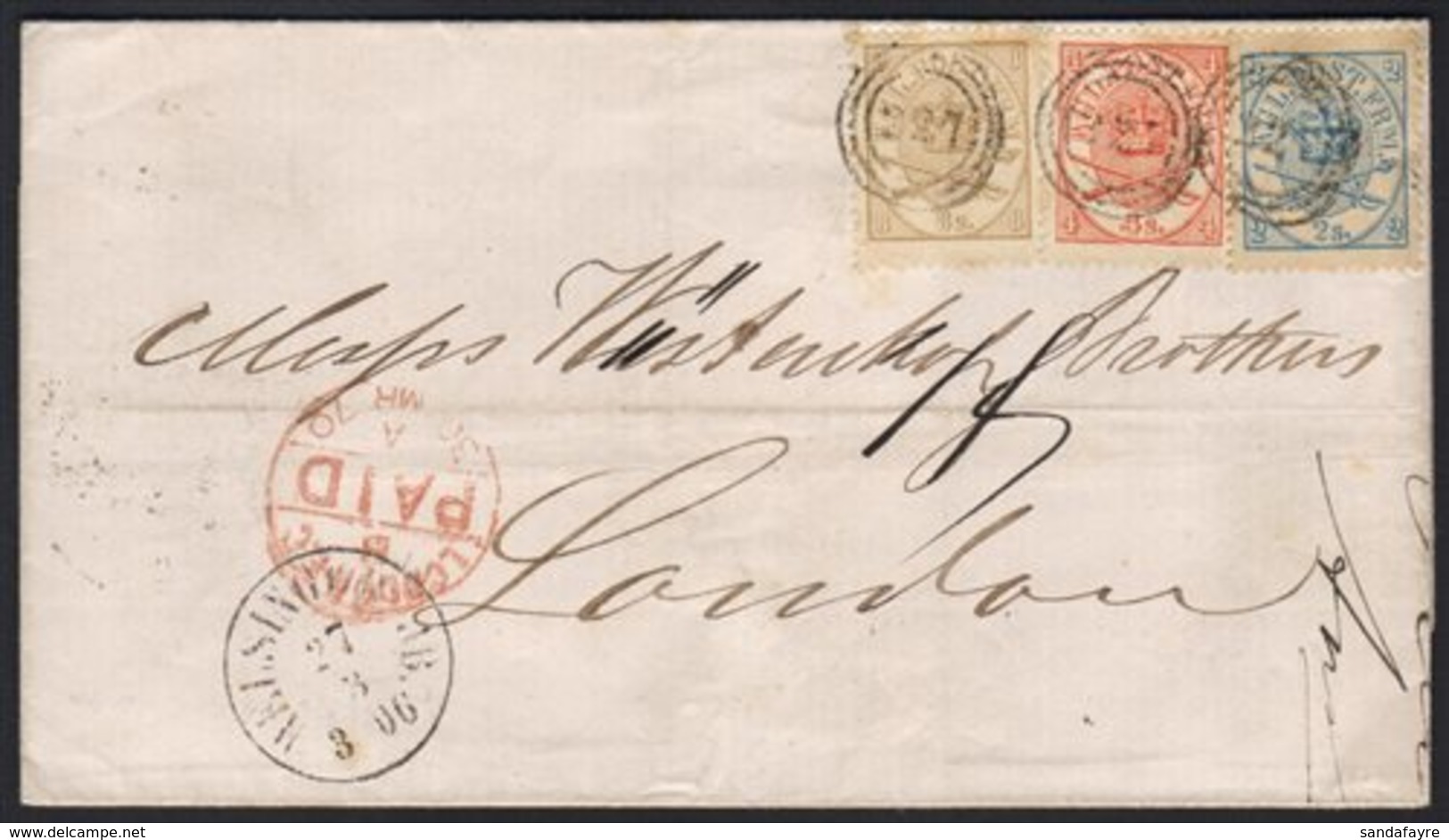 1870  (27 Mar) Envelope To London Bearing A Spectacular Three - Colour Franking Of The 1864-70 2sk Blue, 4sk Vermilion & - Other & Unclassified