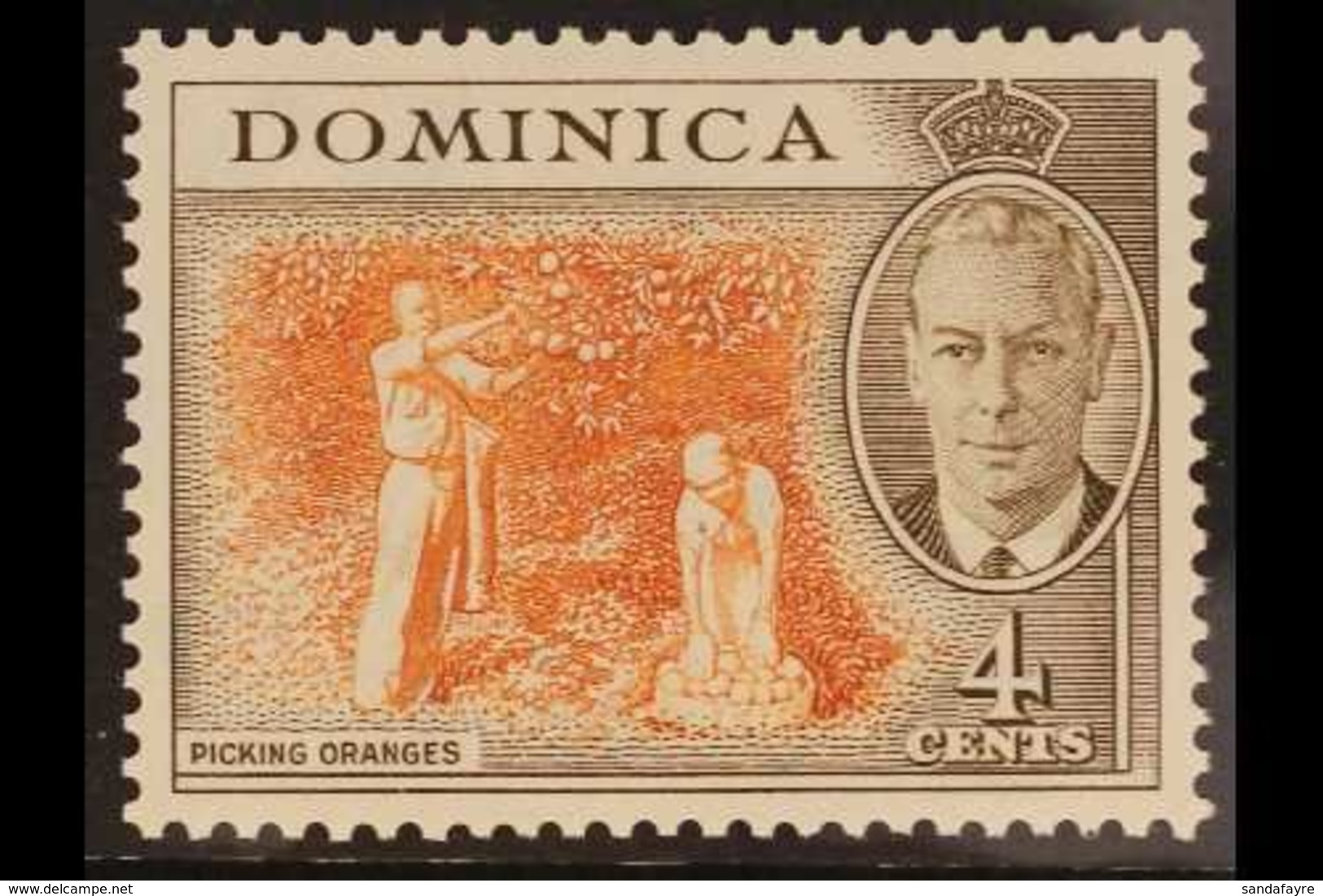 1951 VARIETY  4c Brown Orange And Sepia "Picking Oranges", Variety "A Of CA Missing From Wmk", SG 124b, Very Fine Barely - Dominica (...-1978)