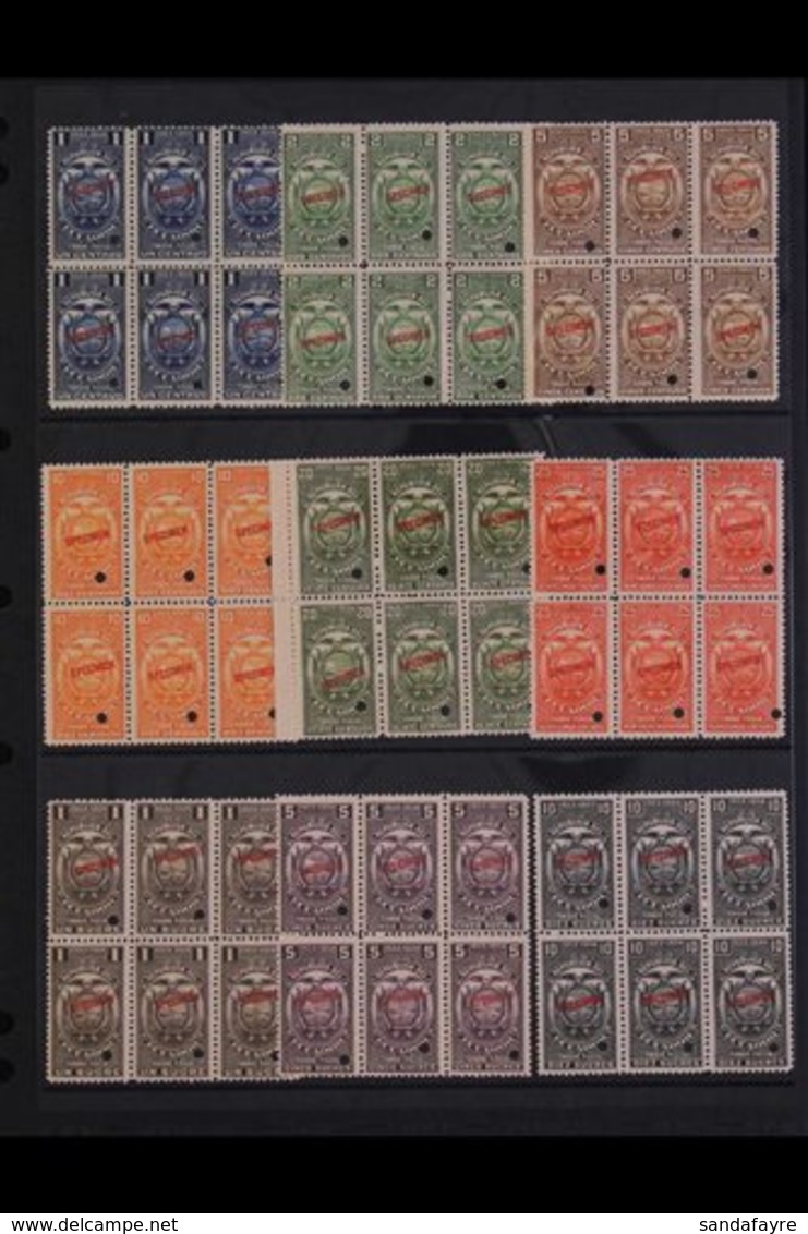 REVENUE STAMPS - SPECIMEN OVERPRINTS  1923-24 "Timbre Fiscal" Complete Set (1c To 10s) In NEVER HINGED MINT BLOCKS OF SI - Ecuador