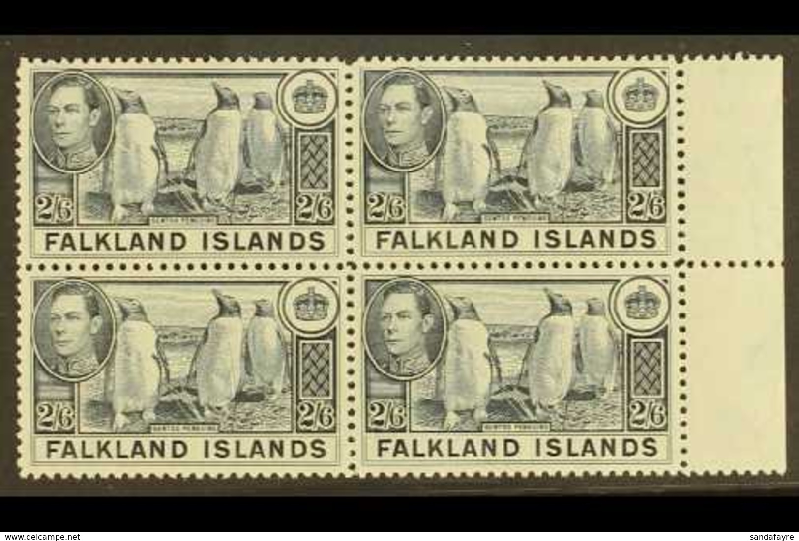 1938  2s.6d Slate Penguins, SG 160, Superb Never Hinged Mint Marginal Block Of Four.  For More Images, Please Visit Http - Falkland Islands