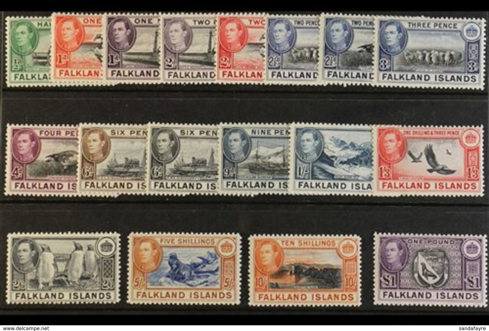 1938-50  KGVI Definitives Complete Set, SG 146/63, Never Hinged Mint. Fresh And Attractive! (18 Stamps) For More Images, - Falkland Islands