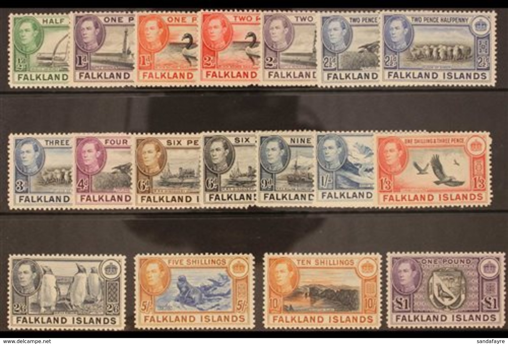 1938-50  King George VI Pictorial Definitive "Basic" Set, SG 146/163, Very Fine Mint. (18 Stamps) For More Images, Pleas - Falkland Islands