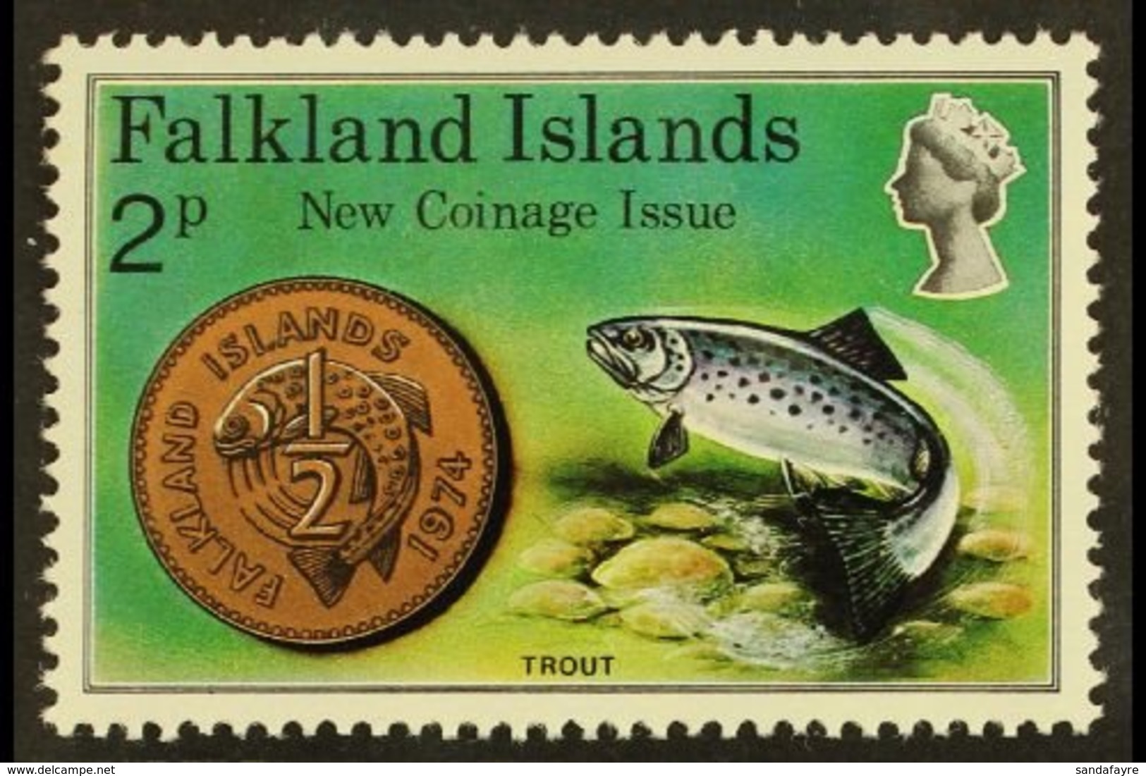 1975  2p Multicolored, "Crown To Right Of CA" Variety, SG 316w, Never Hinged Mint For More Images, Please Visit Http://w - Falkland Islands