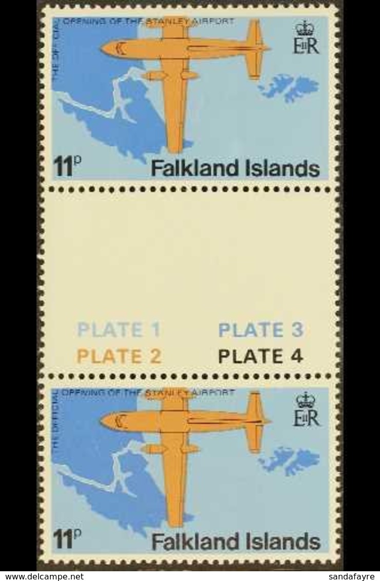 1979  11p Opening Of Stanley Airport Wmk "CROWN TO LEFT OF CA" Variety, SG 361w, Very Fine Never Hinged Mint Vertical GU - Falkland Islands