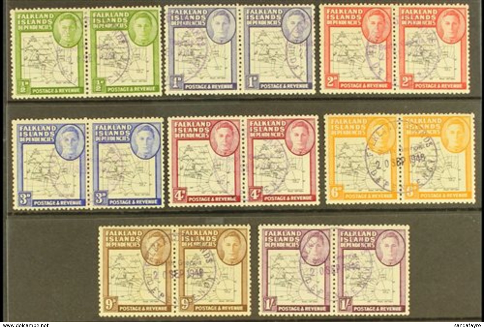 1946-49 "GAP IN 80TH PARALLEL" VARIETIES WITHIN PAIRS.  Thick Map Complete Set As Horizontal Pairs, Each Pair With One S - Falkland Islands