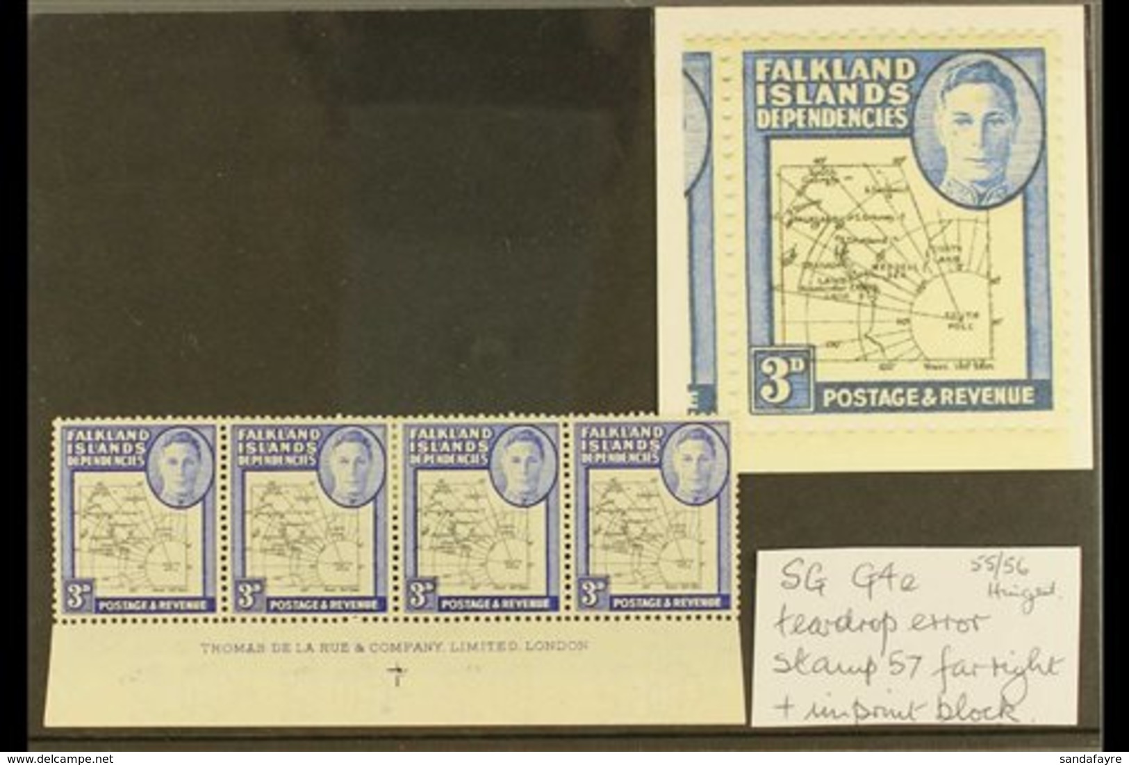 1946-49  3d Blue Thick Map IMPRINT STRIP OF FOUR, The Fourth Stamp Showing The "TEARDROP" FLAW, SG G4+G4e, Never Hinged  - Falkland Islands
