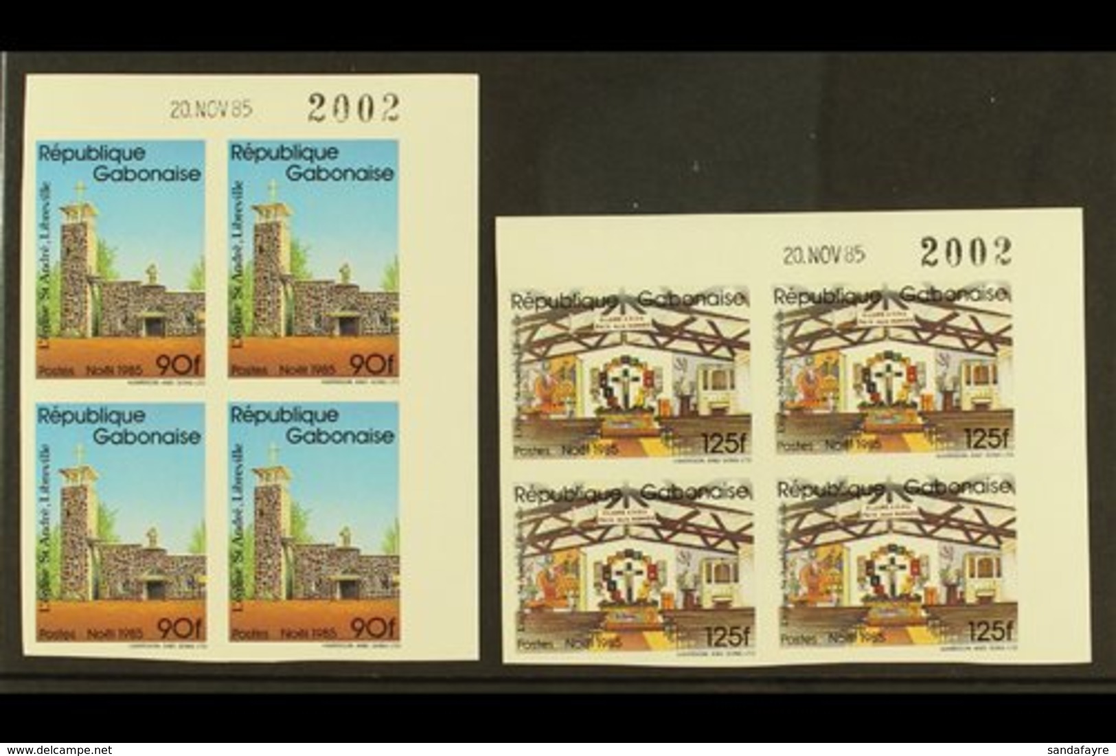 1985  Christmas "Eglise Saint-Andre" Set (Yvert 594A/B, Michel A/B948) IMPERF CORNER DATE BLOCKS OF FOUR, Very Fine Neve - Other & Unclassified